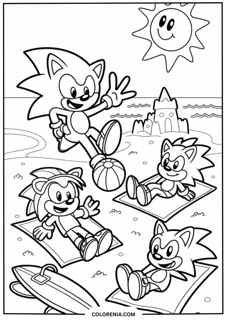 Sonic and friends at the beach, simple sun, waves