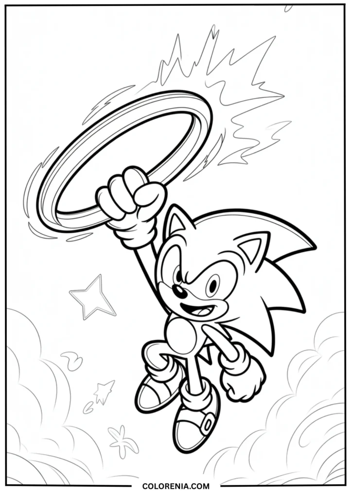 Sonic holding a large golden power ring above his head