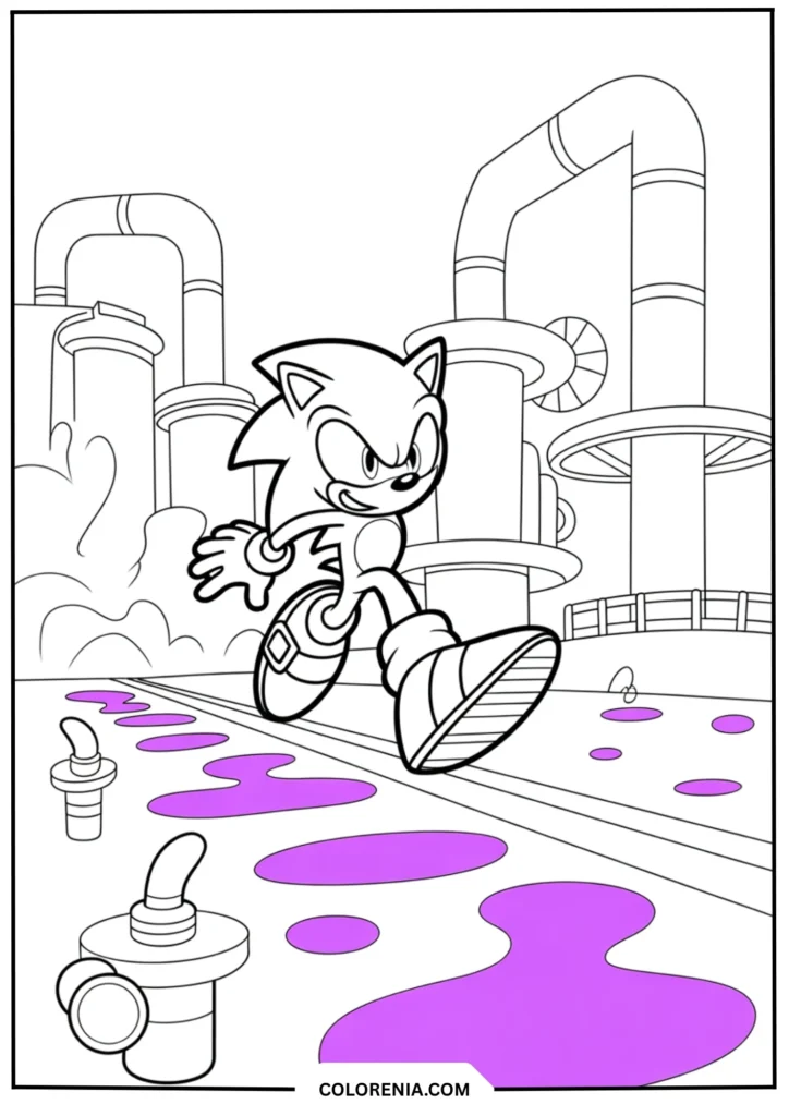 Sonic navigating through industrial pipes and platforms