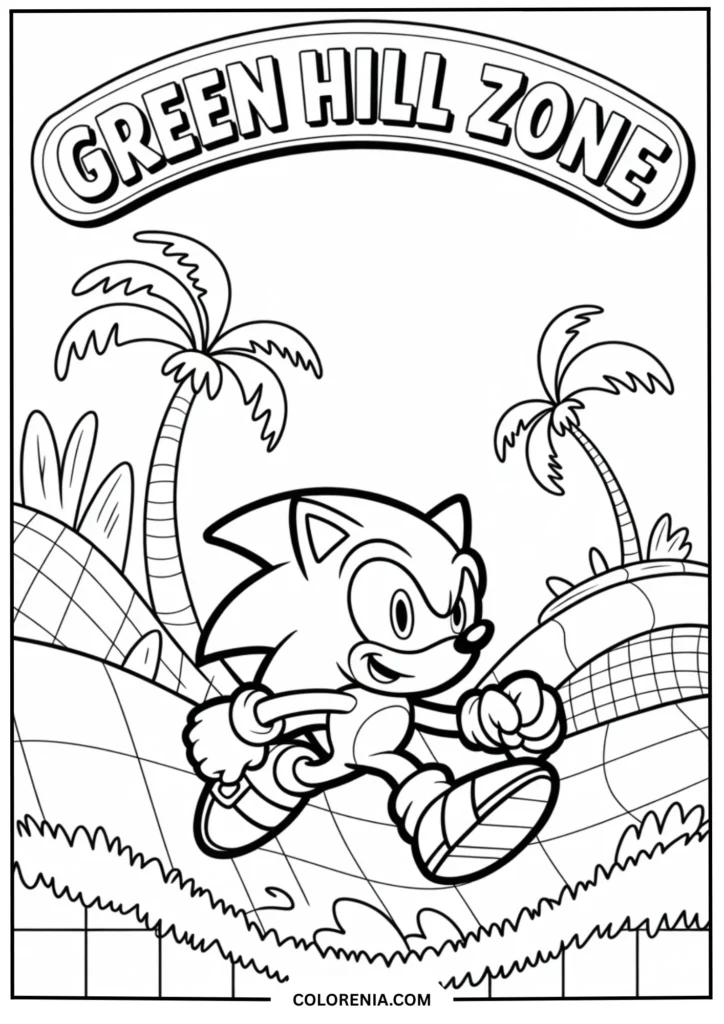 Sonic running through the iconic Green Hill Zone with checkered hill patterns