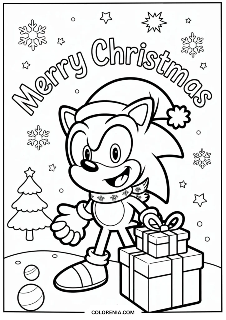 Sonic wearing a Santa hat and scarf