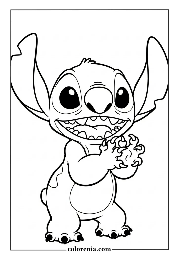 Stitch hands up smiling – fun Disney character coloring page for toddlers.