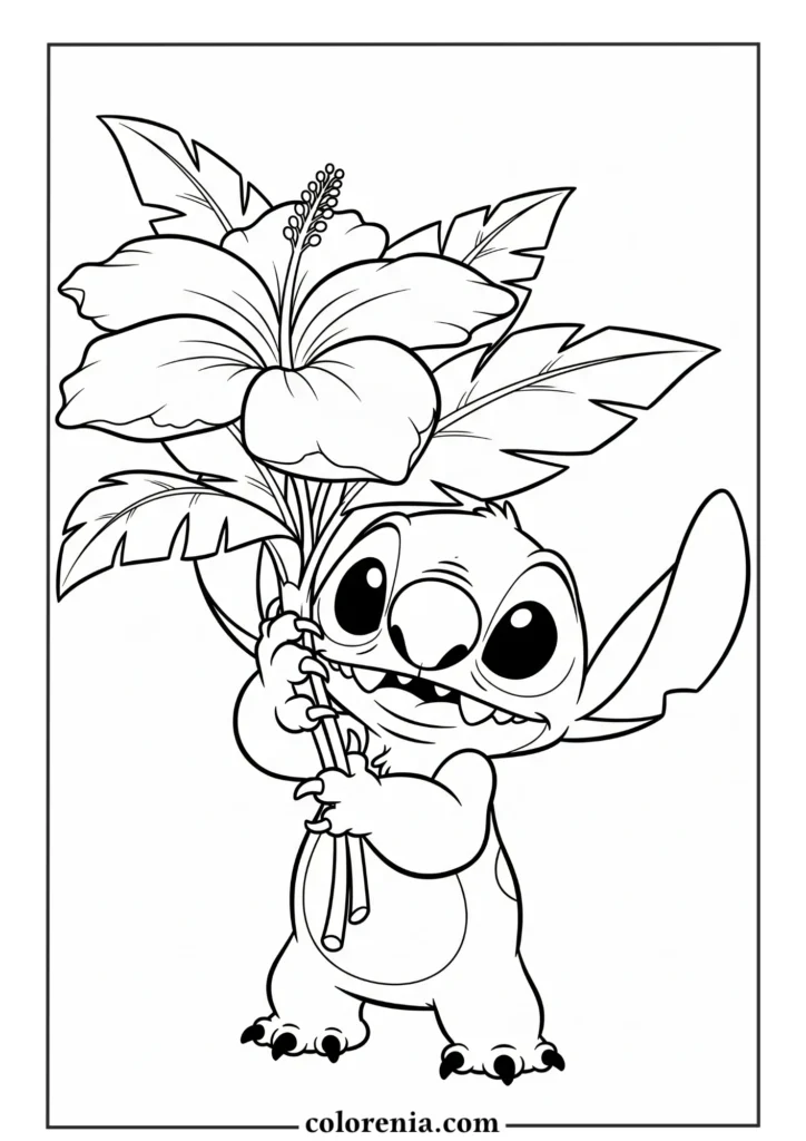 Stitch hiding behind leaves – creative nature-themed Stitch coloring sheet.