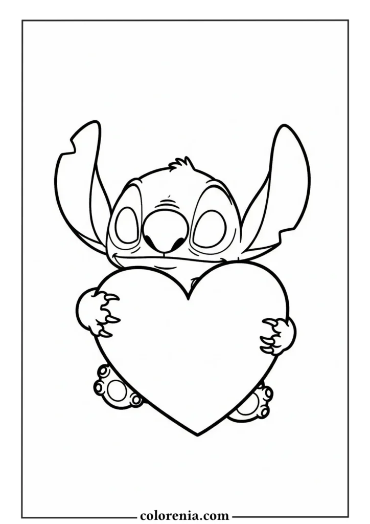 Stitch holding a heart – cute Valentine’s Day Disney Stitch coloring page.