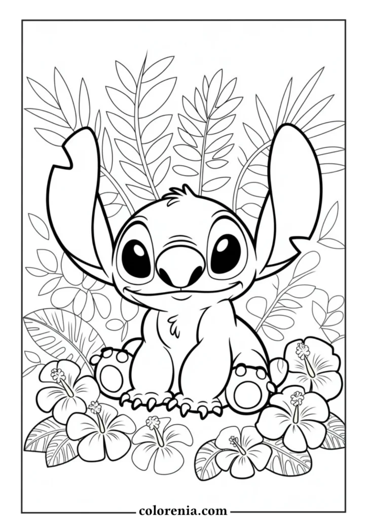 Stitch in the jungle with flowers – detailed Disney Stitch coloring page.