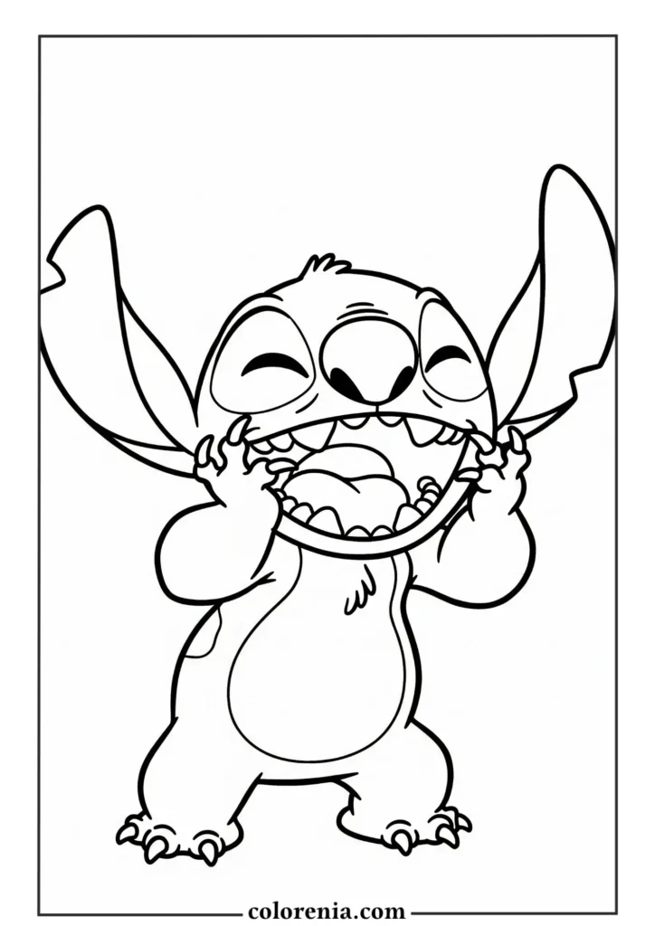 Stitch standing with hands raised – adorable Disney character coloring page.