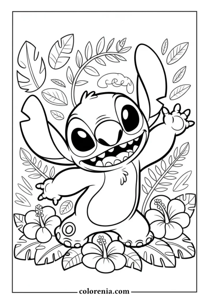 Stitch surrounded by tropical flowers – Disney Hawaiian Stitch coloring page.