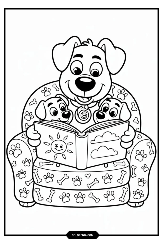 Story Time with Chilli, Bluey, and Bingo Coloring Page