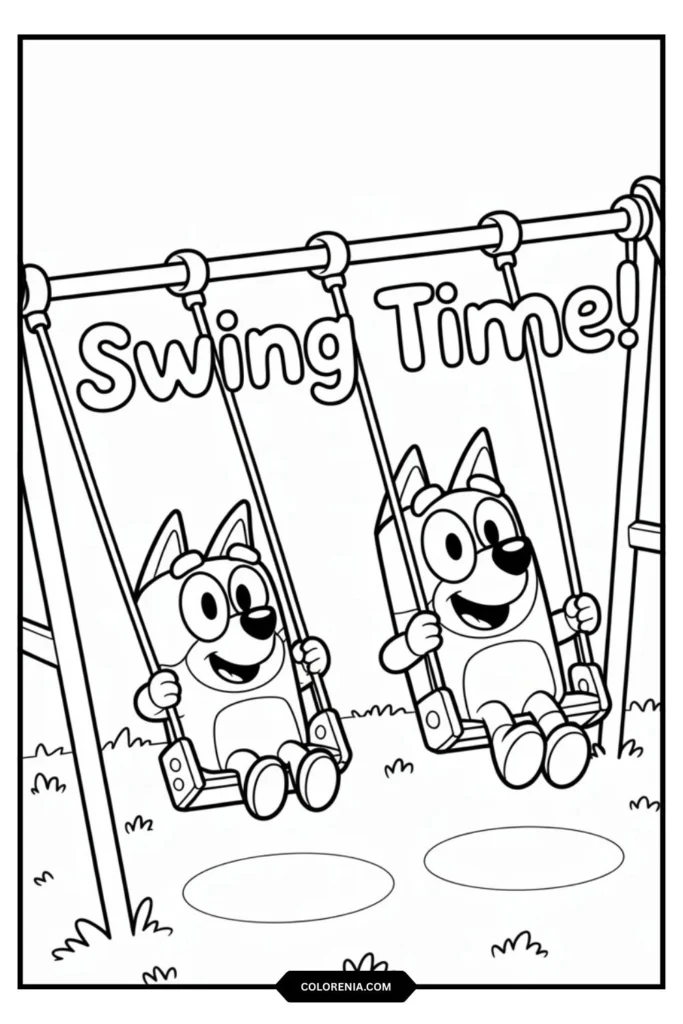 Swings with Pat, Bluey, and Bingo Coloring Page (2)