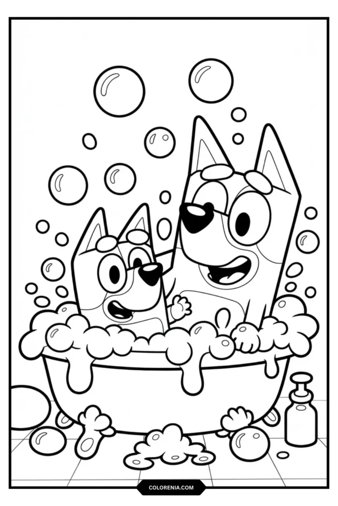Bluey and Bingo having a bubble bath, with bubbles clearly outlined around them