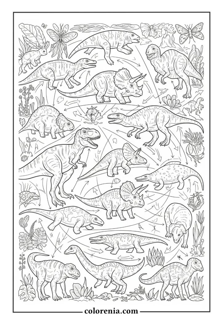 Textured Dinosaur - Patterned dinosaur coloring page, detailed prehistoric creature, advanced dinosaur drawing