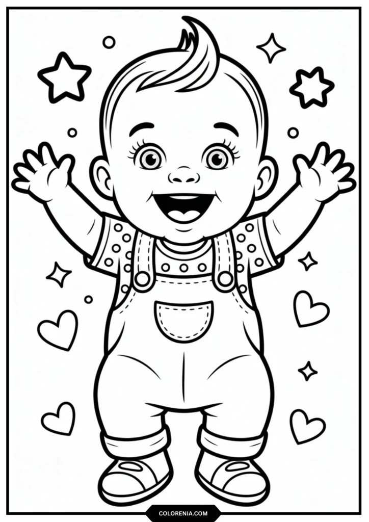 Wide smile, bright eyes, arms raised in celebration