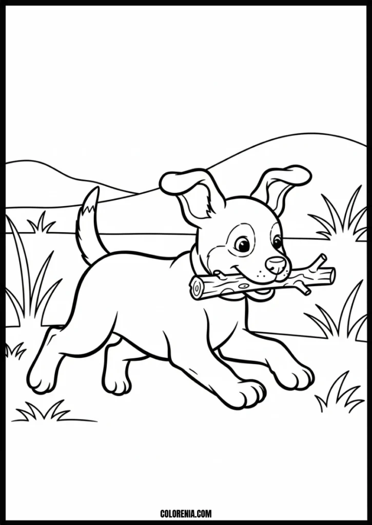 Dog with toy coloring design - fun pet playtime page