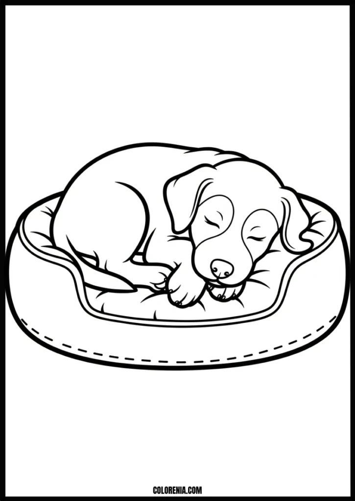 Puppy with food bowl coloring page - mealtime dog scene