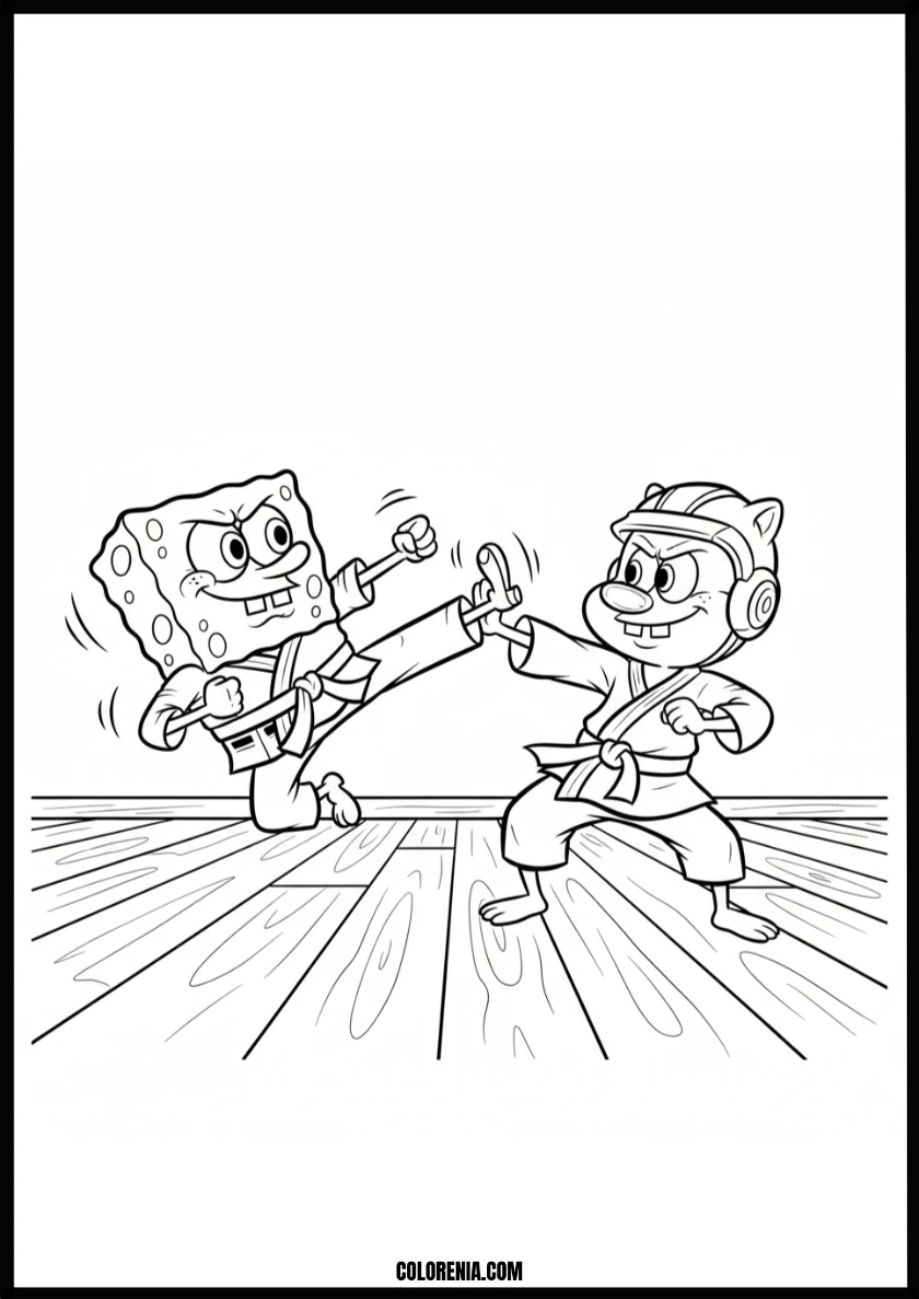 Action Packed SpongeBob and Sandy Karate Training Coloring Page