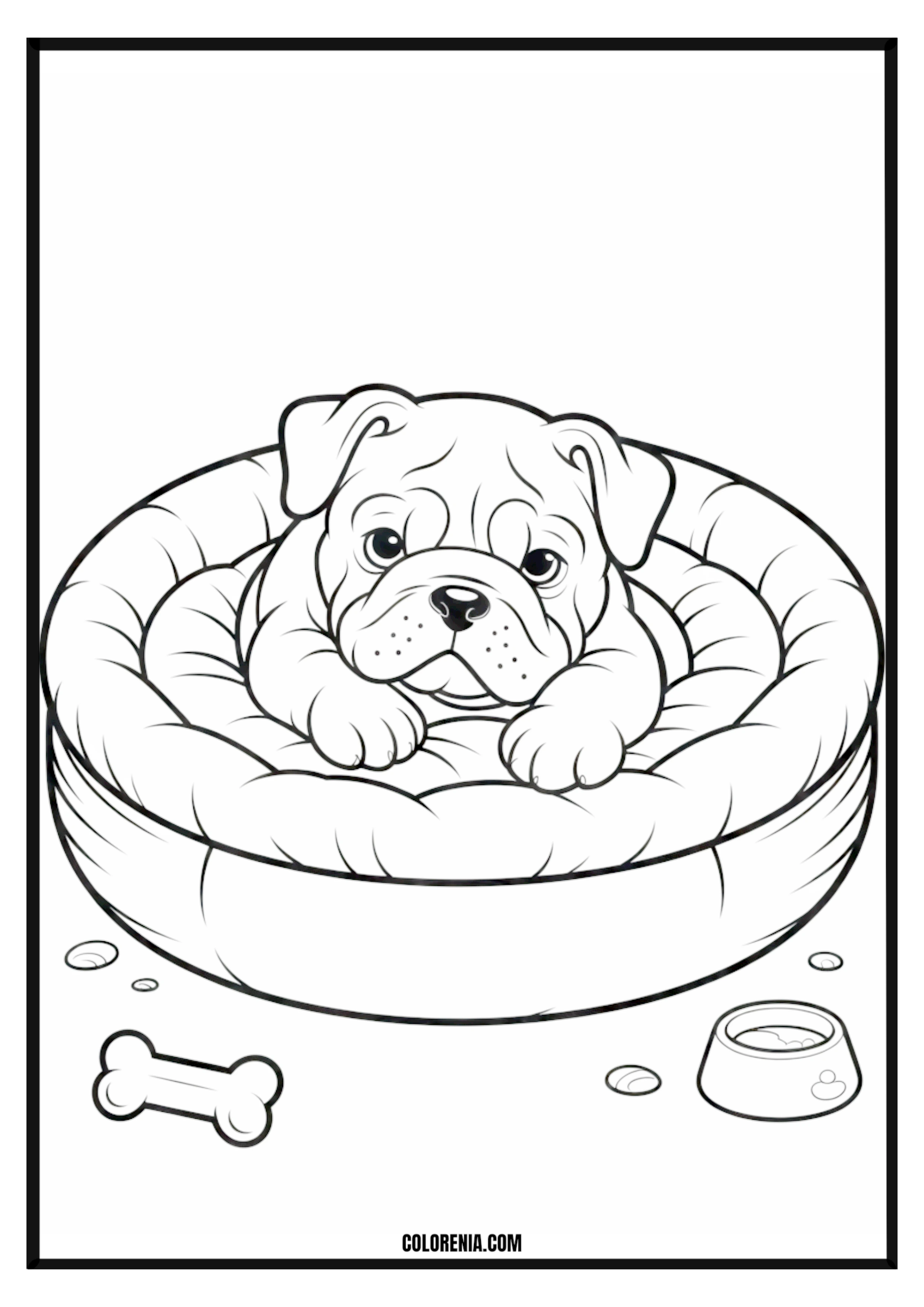 Printable Adorable Bulldog Puppy in Dog Bed Coloring Page Adorable bulldog puppy sleeping soundly in a dog bed, line art for coloring.