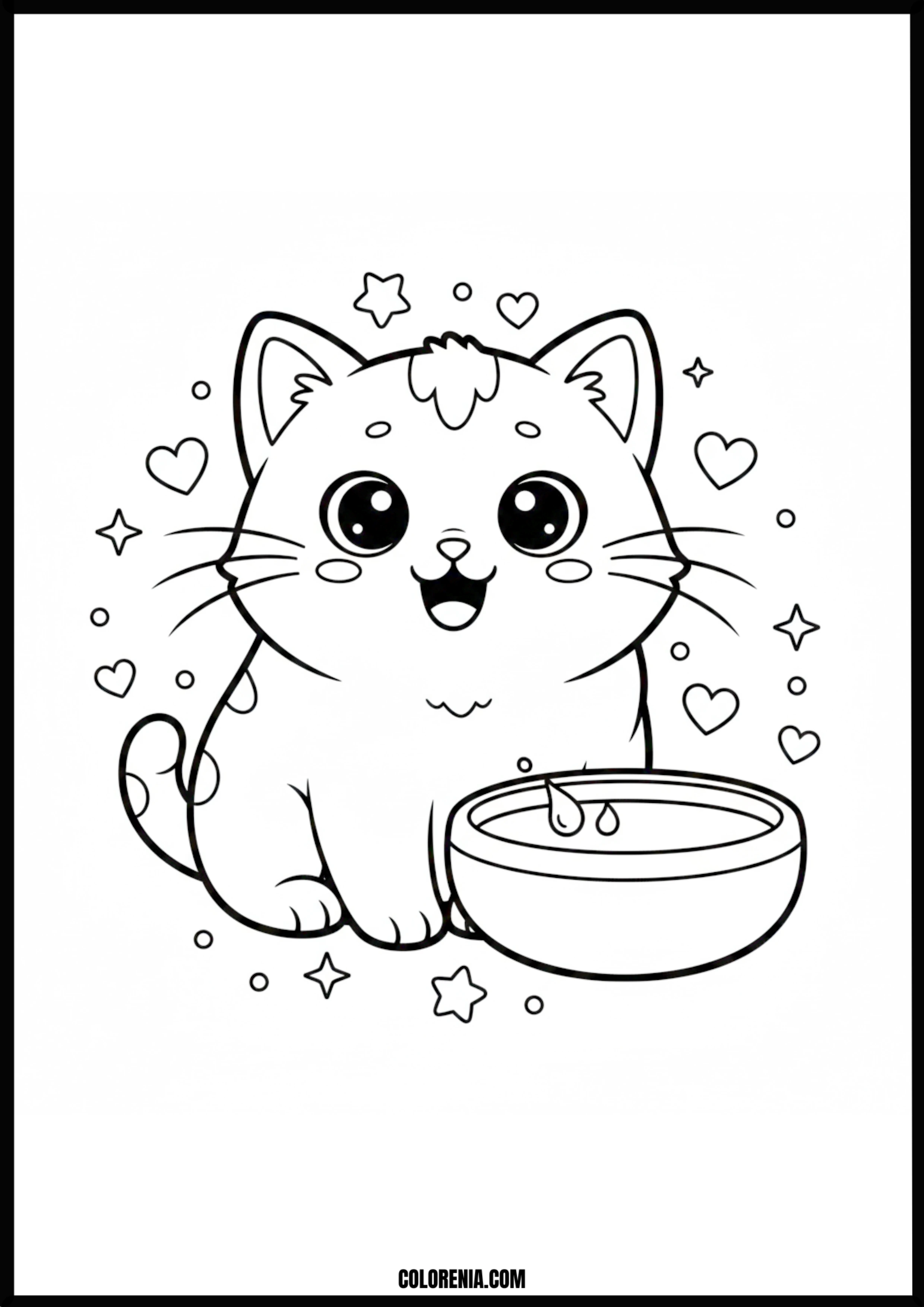 Adorable Cat With Water Bowl Coloring Page