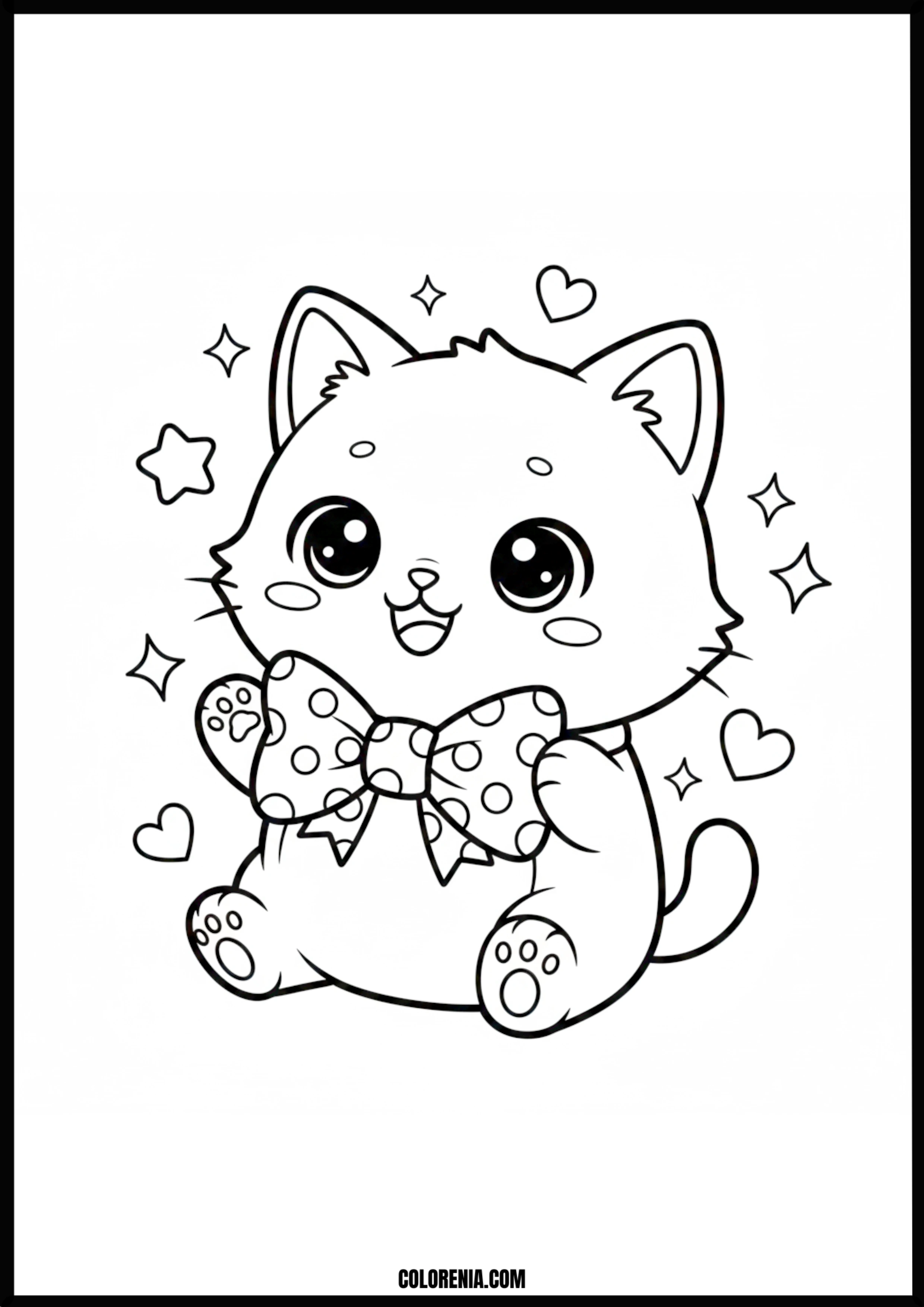 Adorable Happy Cat With Bow Tie And Stars Coloring Page