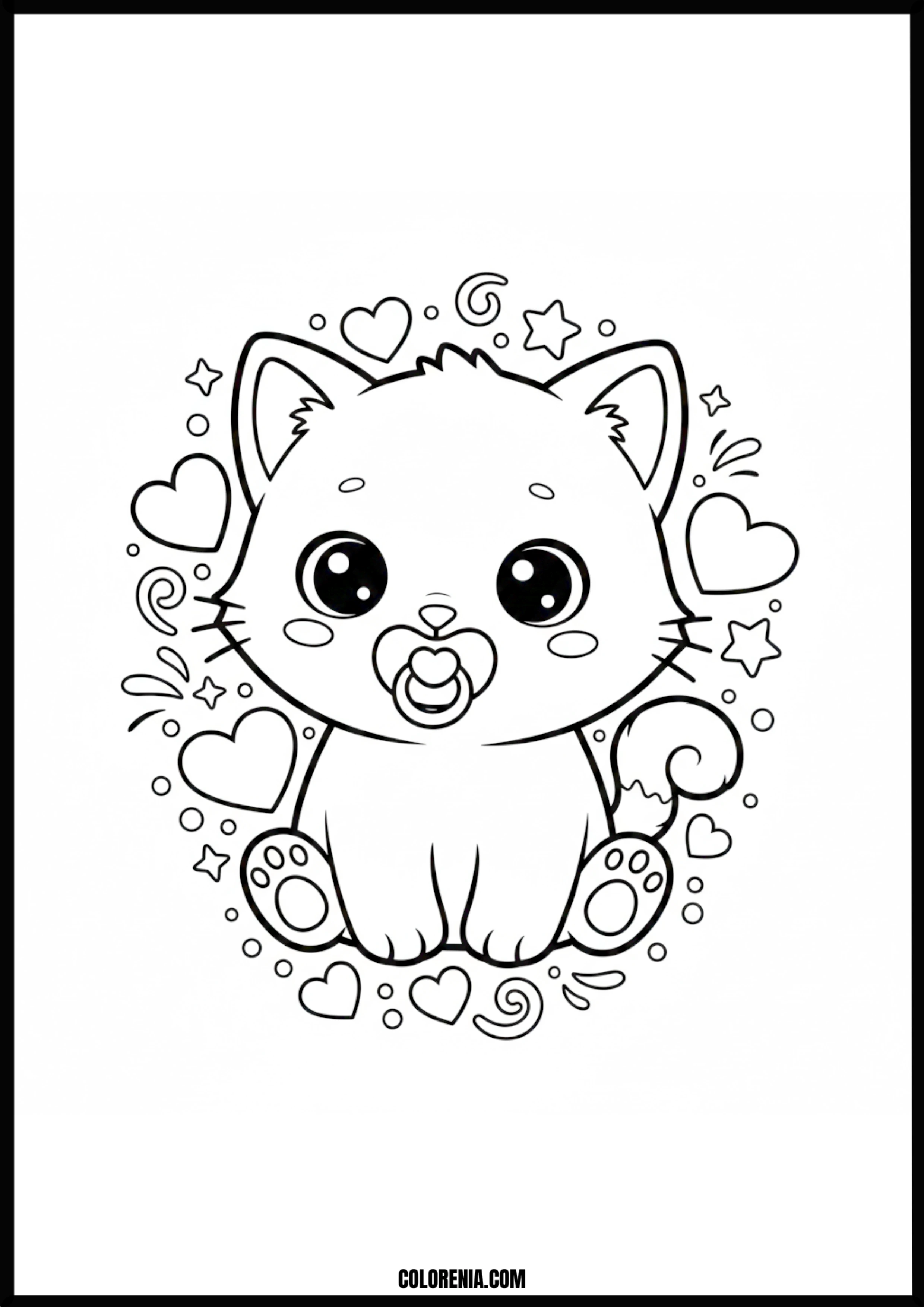 Adorable Kitten Pacifier Hearts Stars Coloring Page