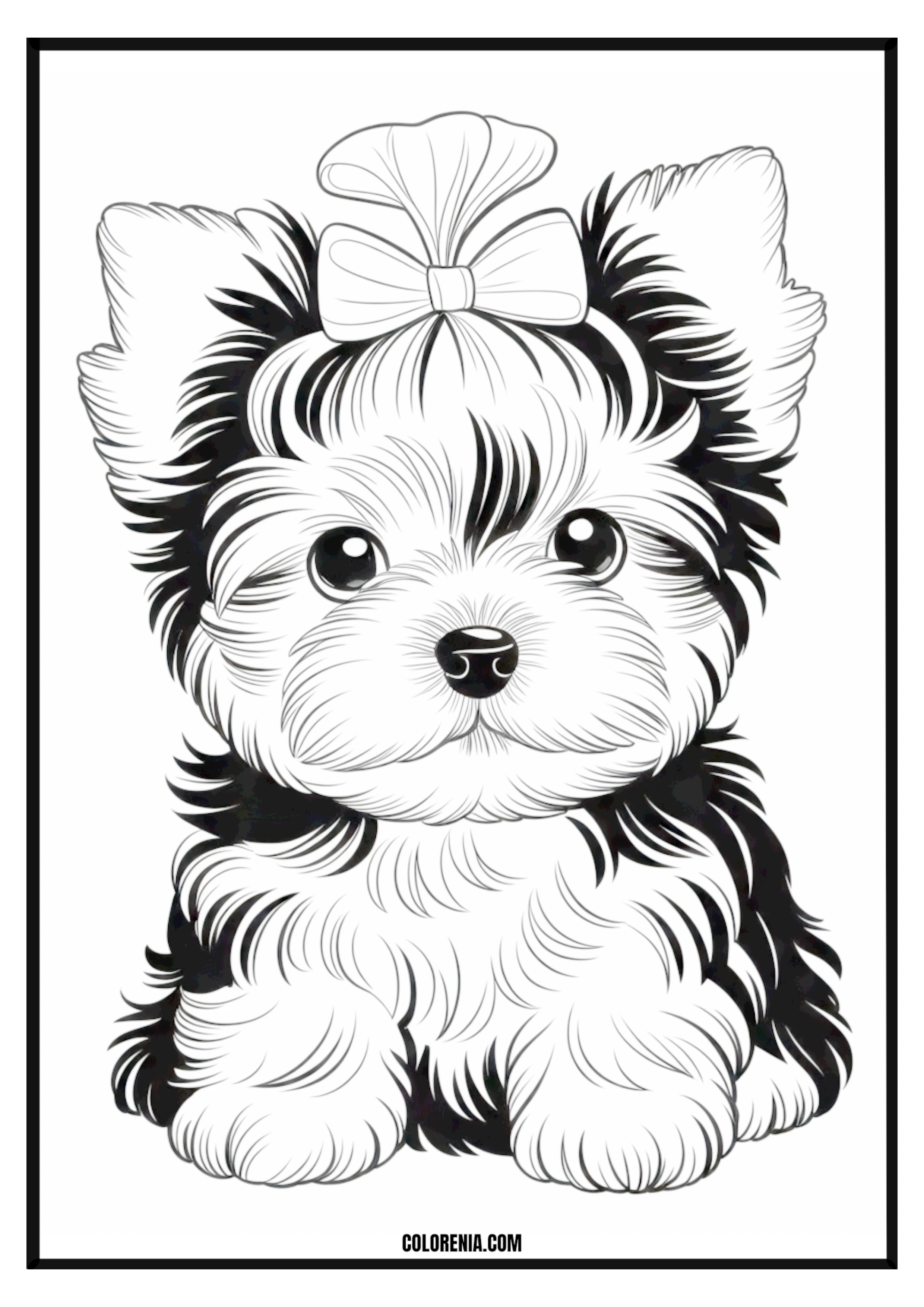 Printable Adorable Puppy with Bow Coloring Page Cute puppy wearing a decorative bow, ready for coloring.
