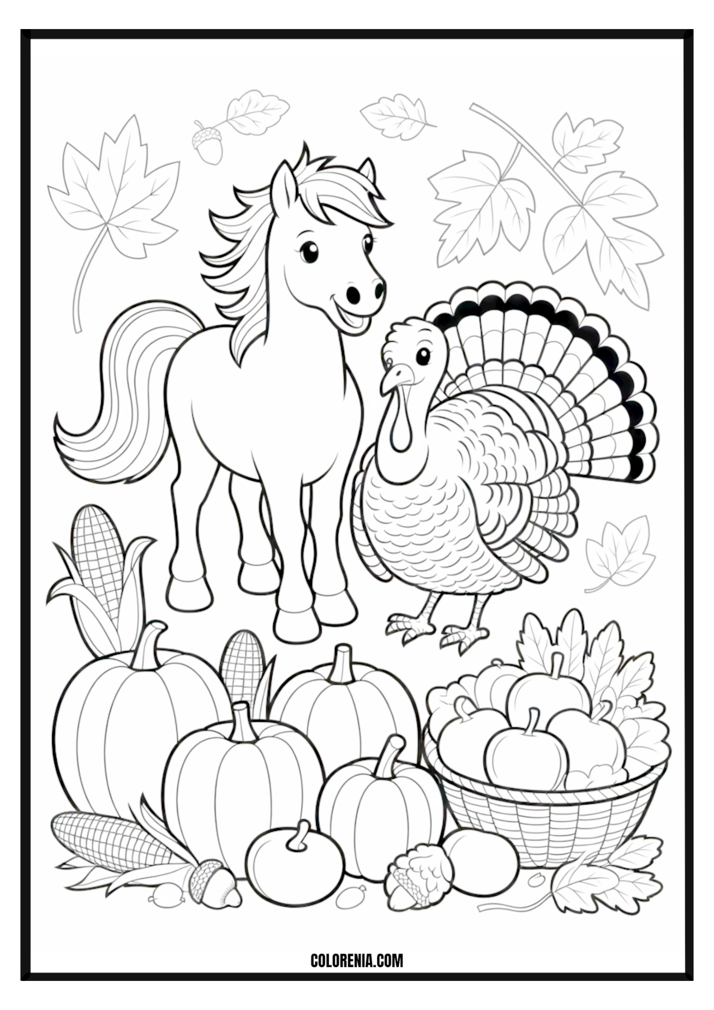 Autumn Harvest Horse and Turkey Coloring Page Autumn harvest scene with a friendly horse and a turkey for coloring.