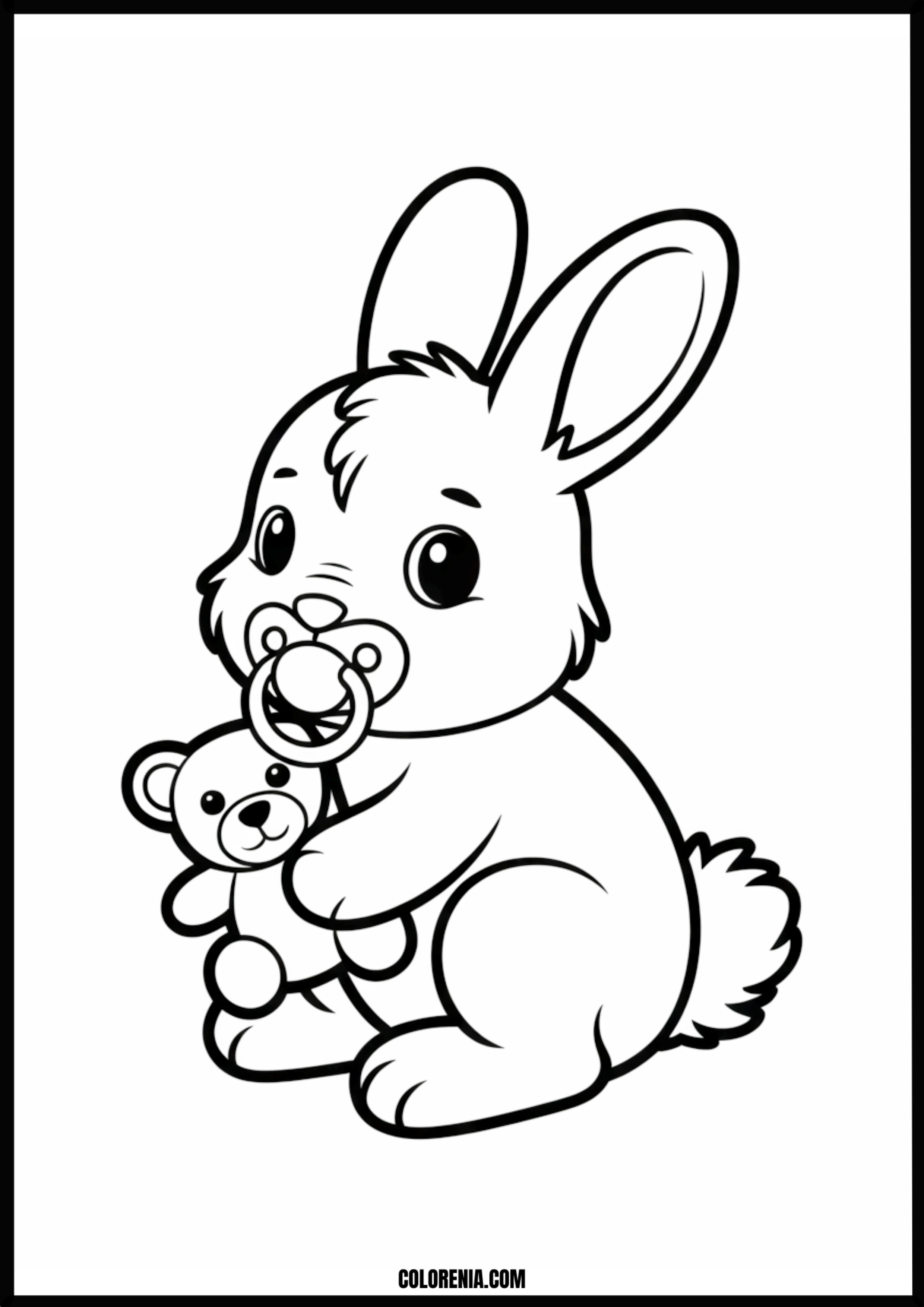Baby Bunny With Pacifier And Teddy Bear Printable Coloring Page Coloring page of baby bunny with pacifier and teddy bear
