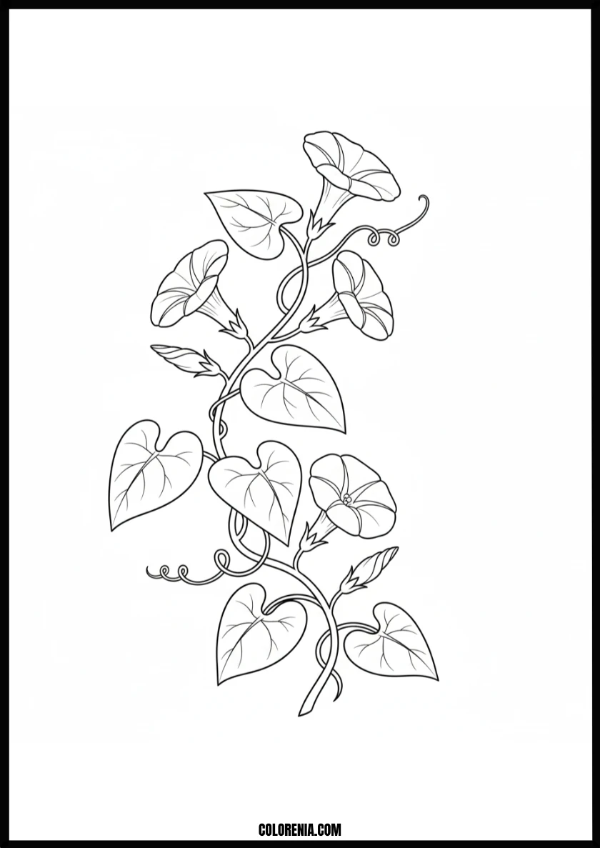 Beautiful Morning Glory Flowers on a Vine Coloring Page