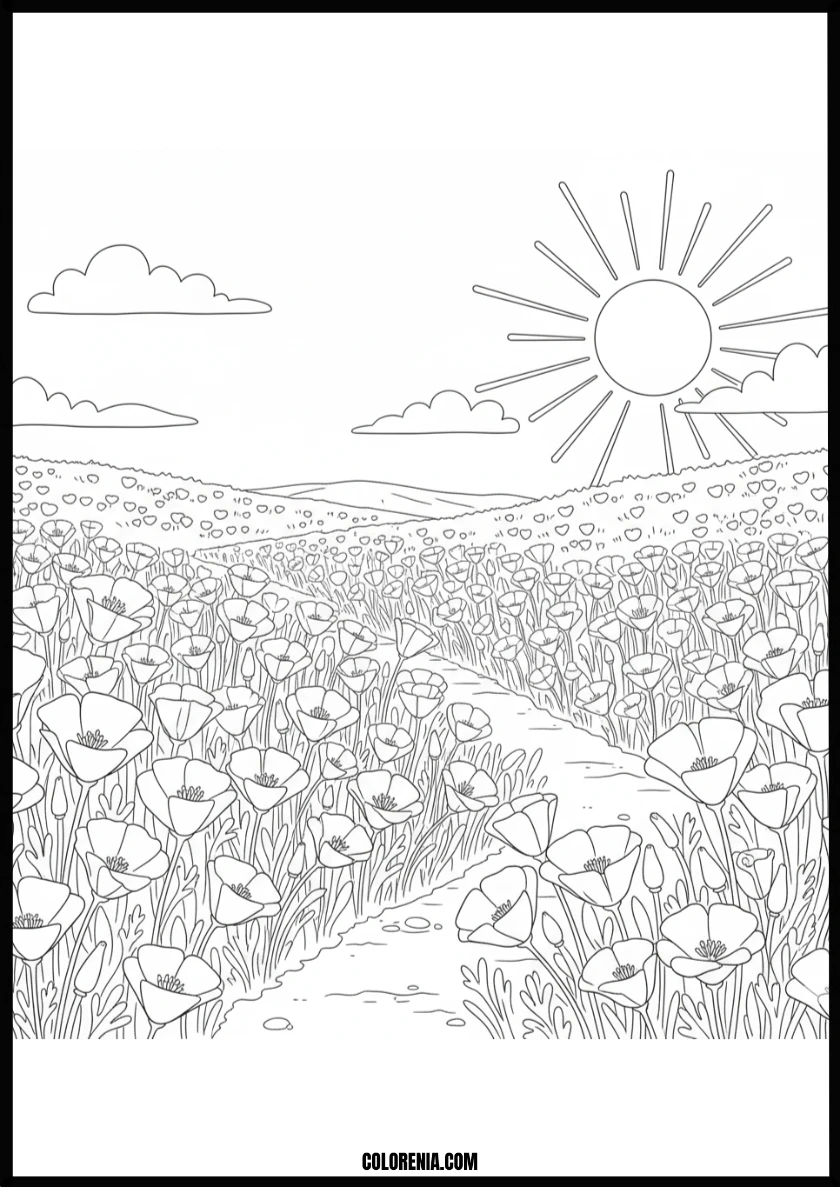 Beautiful Sunny Flower Field Path Coloring Page