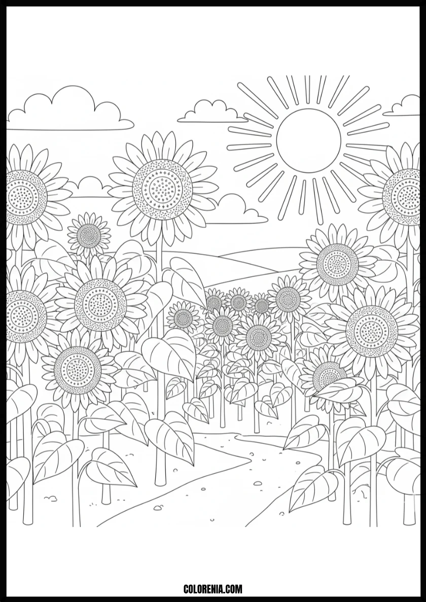 Blooming Sunflower Field with Happy Sun Coloring Page