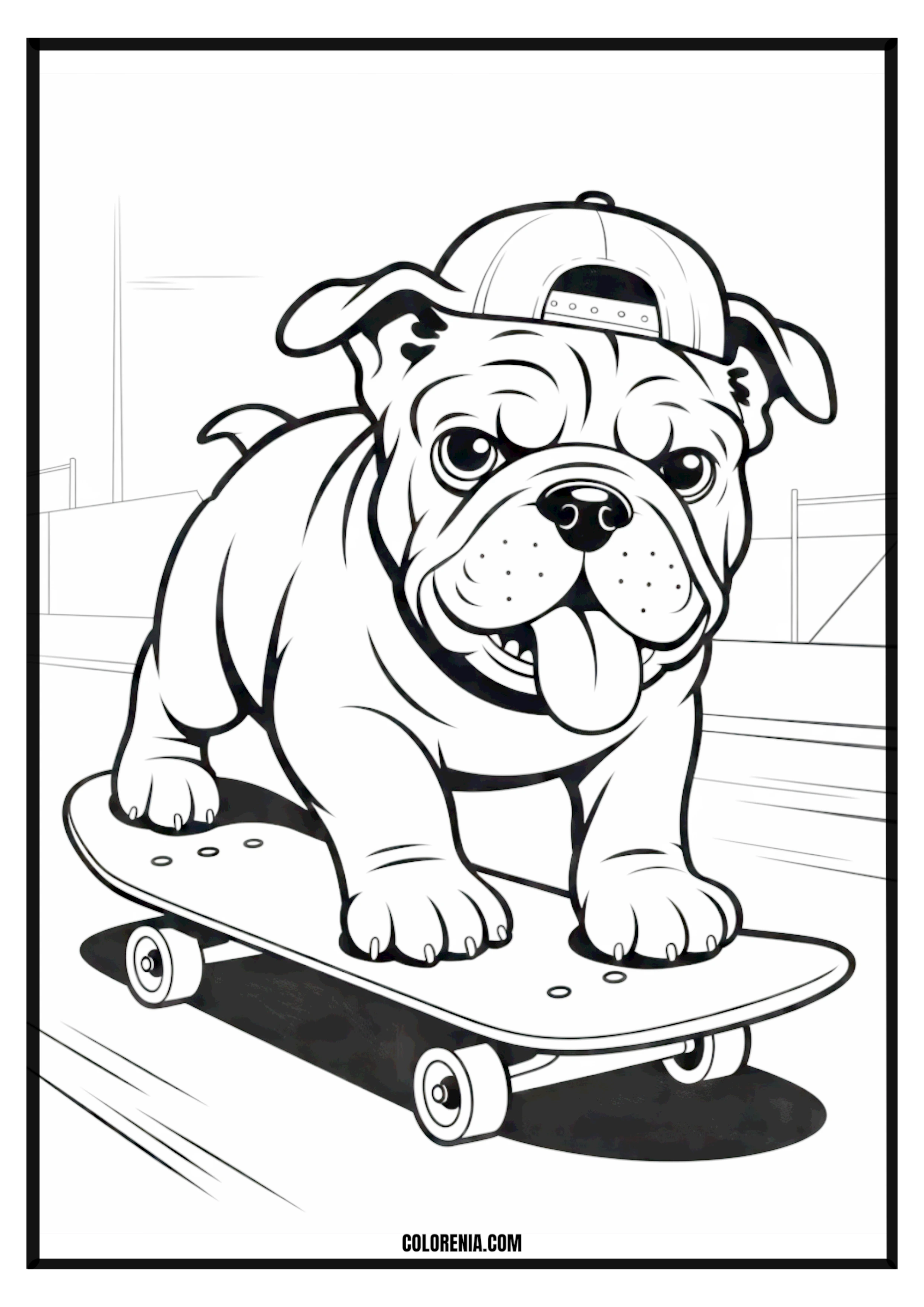 Printable Bulldog Skater Dog Coloring Page Bulldog wearing a helmet and skateboarding, urban dog coloring activity.