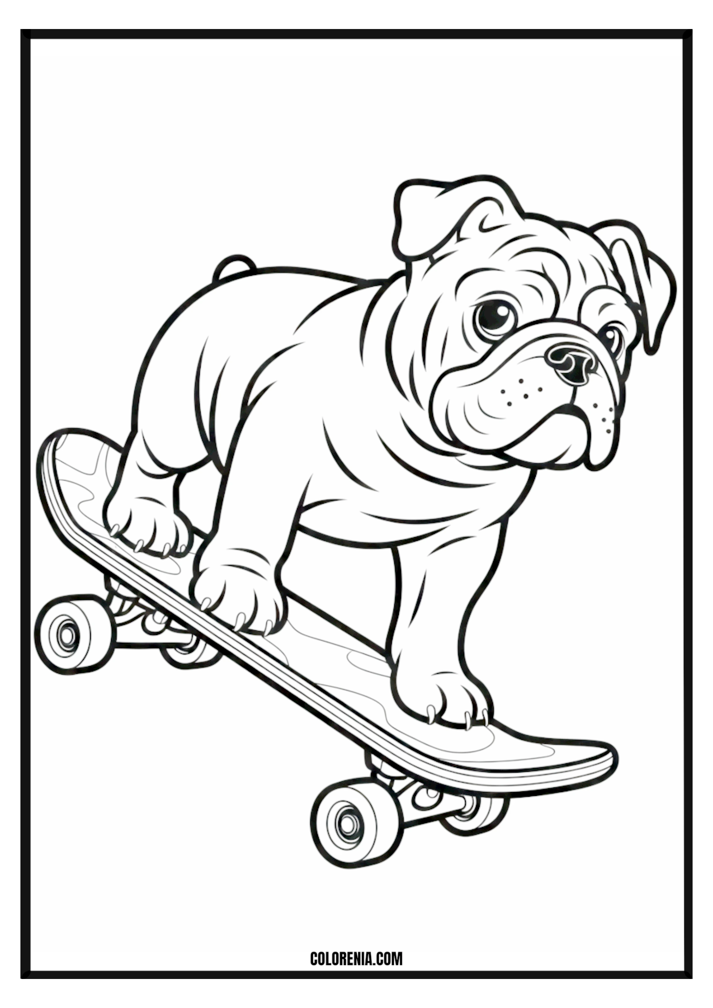 Printable Bulldog on a Skateboard Coloring Page Cool bulldog riding a skateboard, action scene coloring page.
