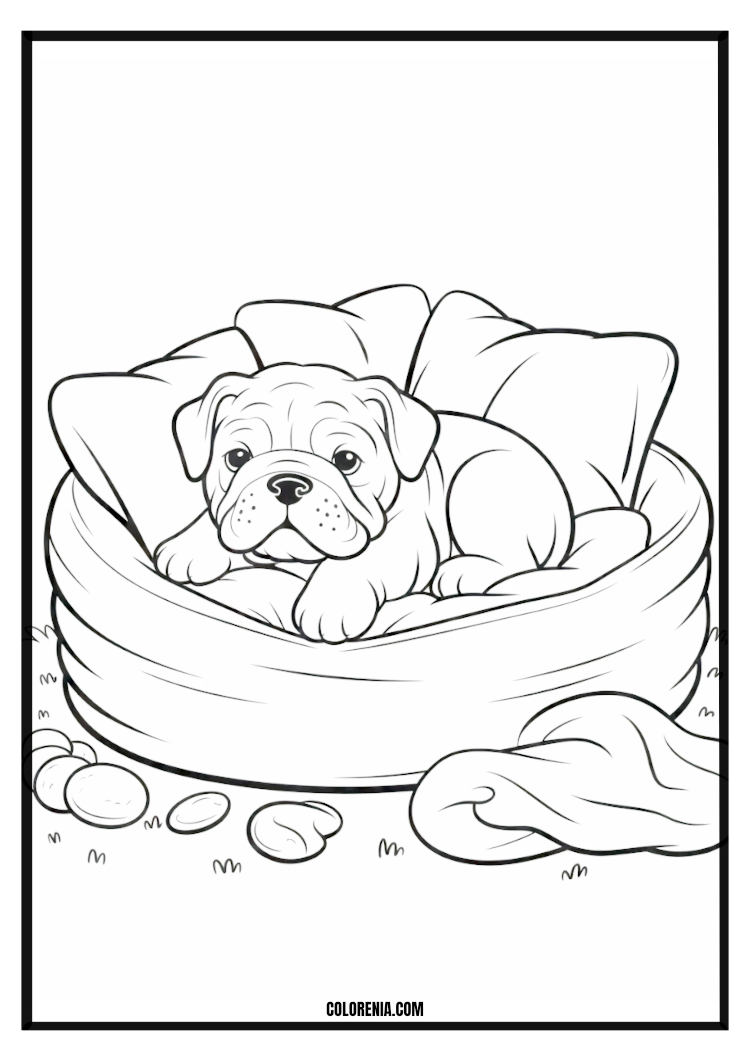 Printable Bulldog Puppy Resting in Soft Bed Coloring Page Calm bulldog puppy resting comfortably in a soft bed, ready for coloring.