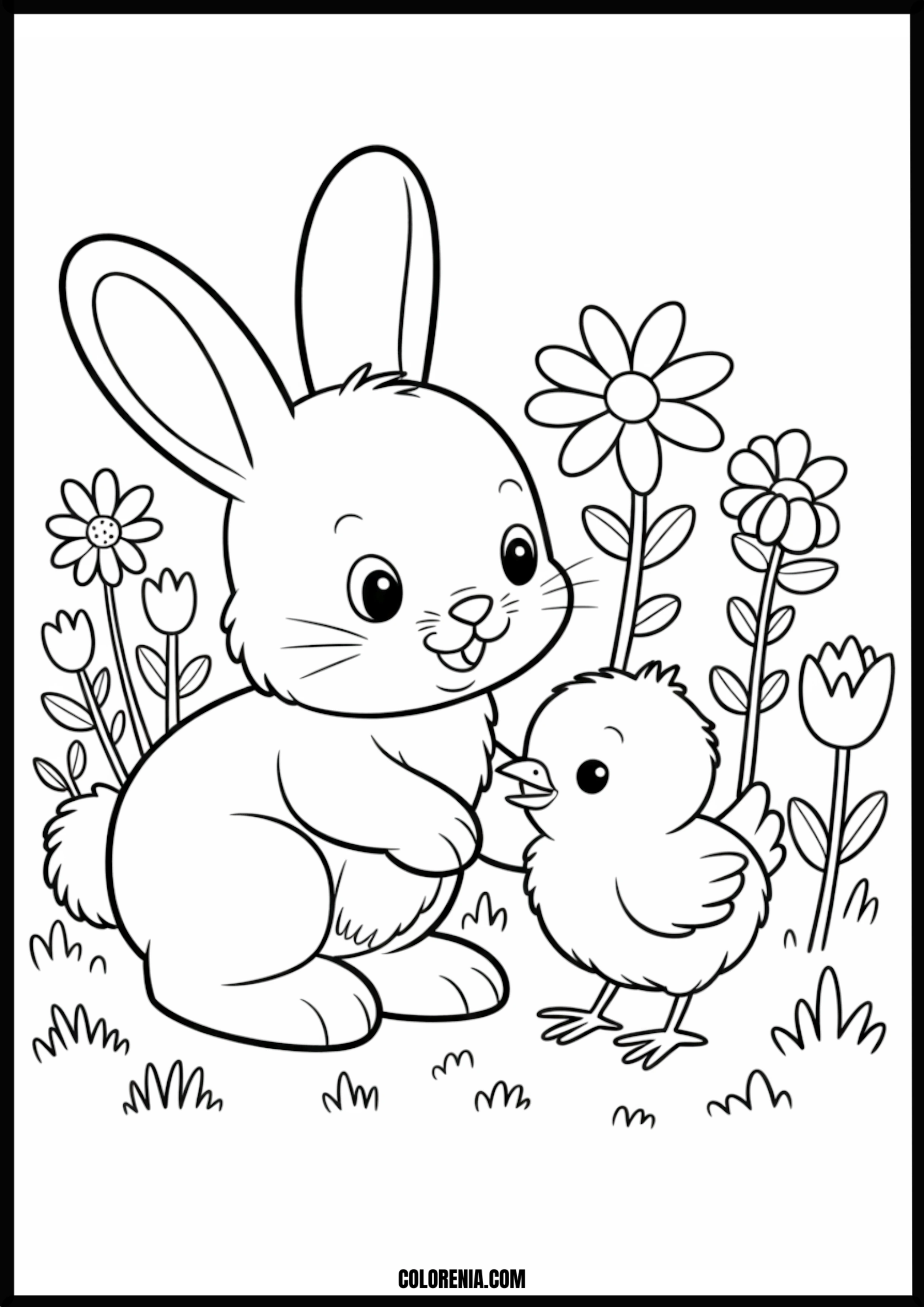 Bunny And Chick Flowers Printable Coloring Page Coloring page of bunny and chick flowers