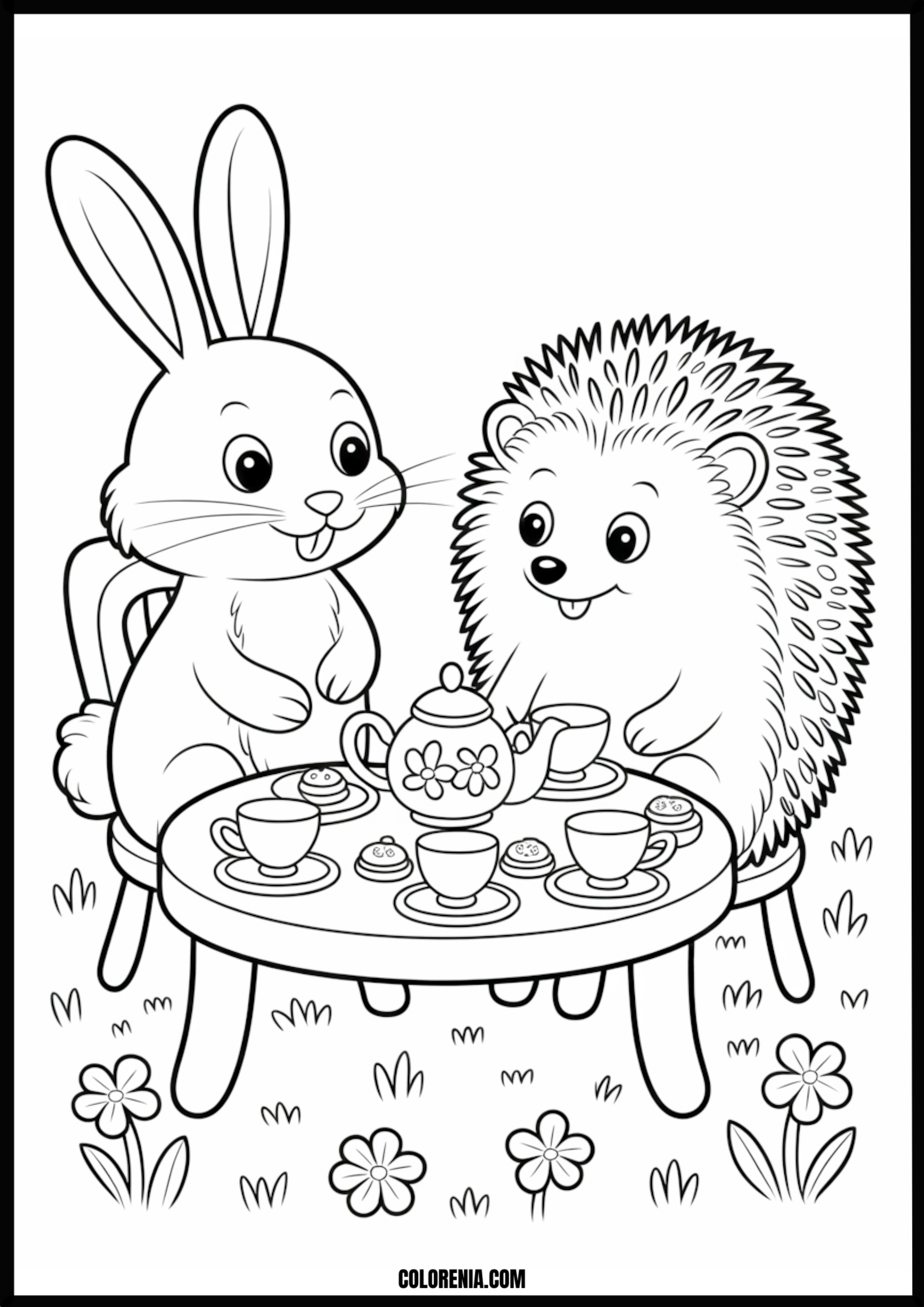 Bunny And Hedgehog Tea Party Printable Coloring Page Coloring page of bunny and hedgehog tea party