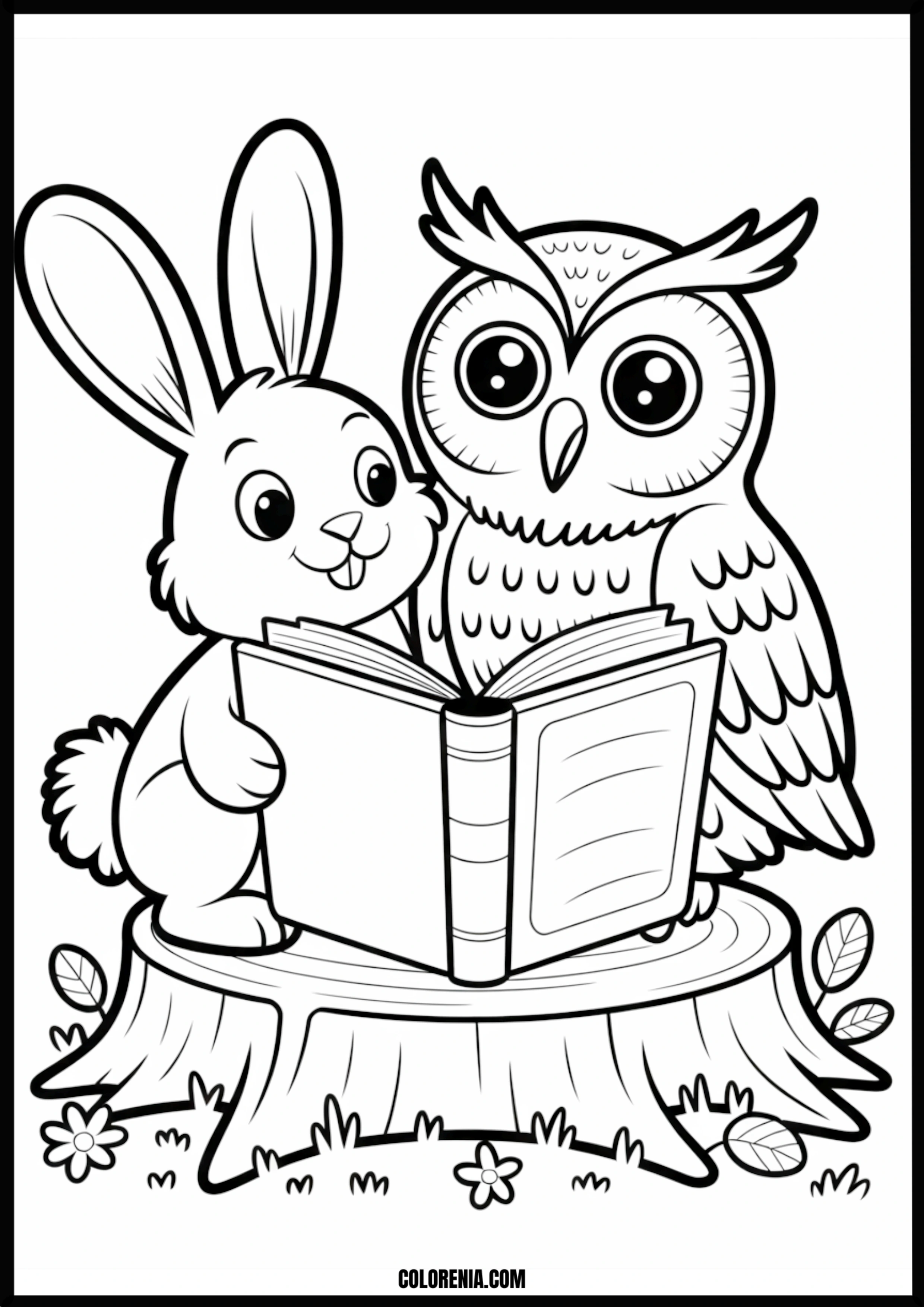 Bunny And Owl Reading A Book Printable Coloring Page Coloring page of bunny and owl reading a book