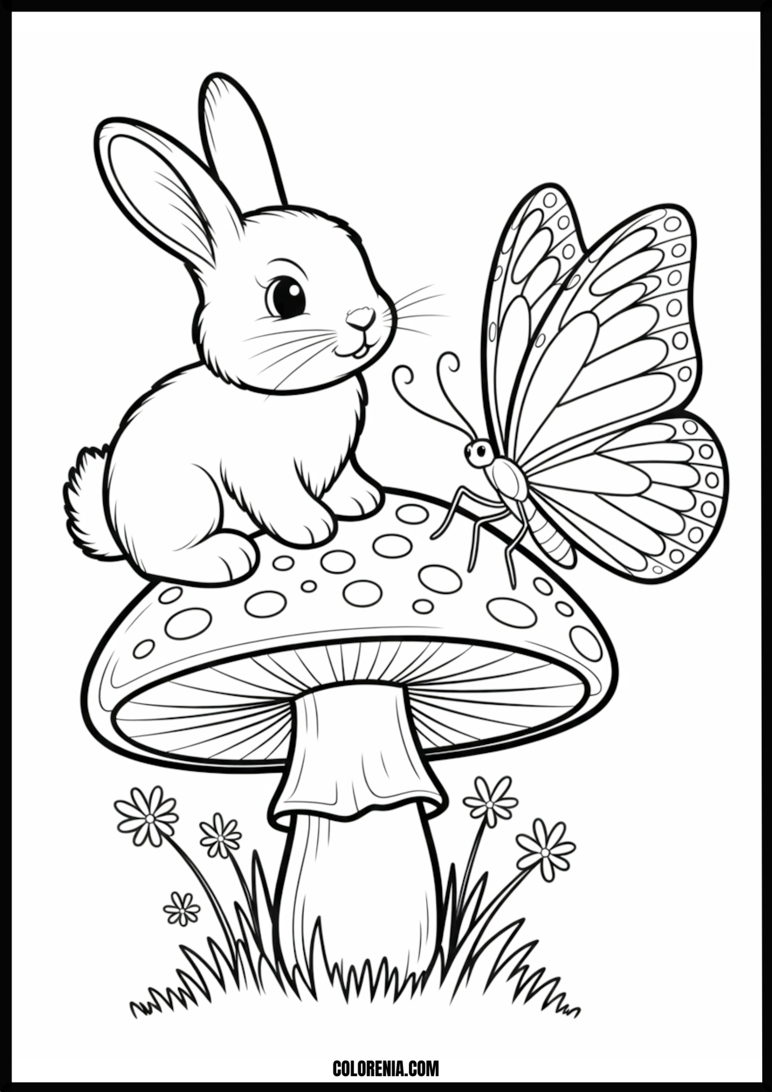 Bunny And Butterfly On A Mushroom Printable Coloring Page Coloring page of bunny and butterfly on a mushroom