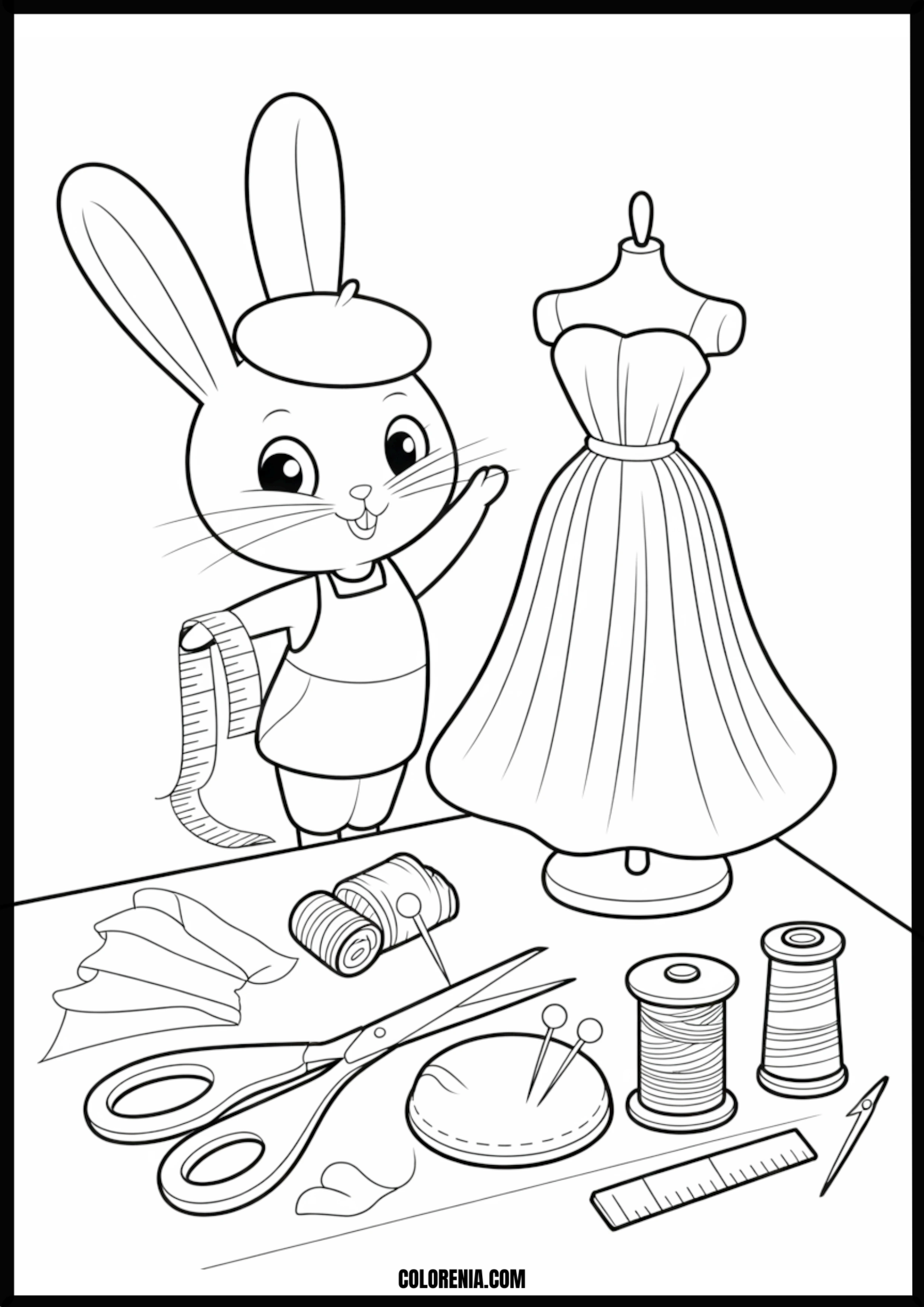 Bunny Dressmaker With Dress And Sewing Tools Printable Coloring Page Coloring page of bunny dressmaker with dress and sewing tools