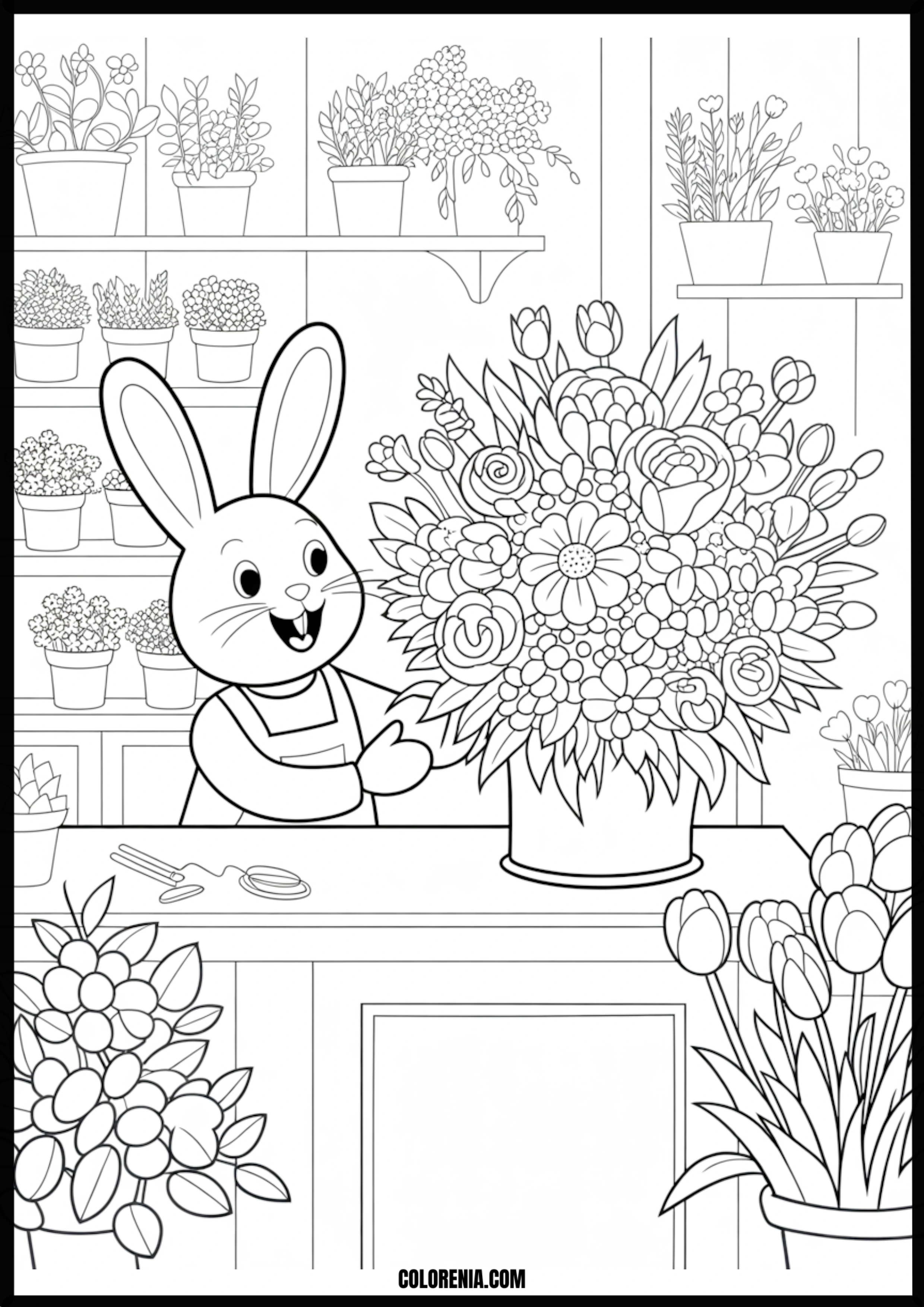 Bunny Florist Arranging Flowers In A Shop Printable Coloring Page Coloring page of bunny florist arranging flowers in a shop