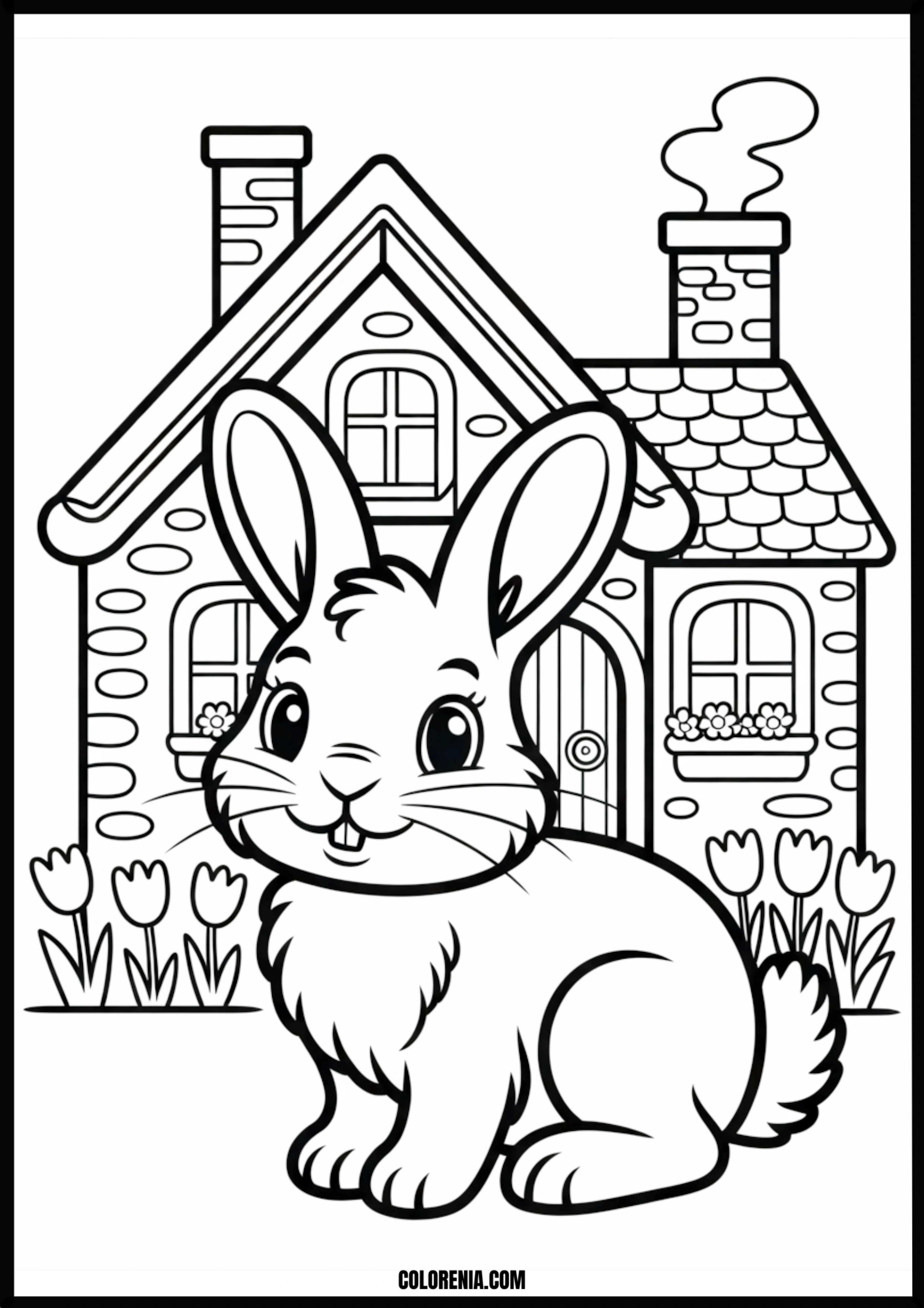 Bunny House And Tulips Printable Coloring Page Coloring page of bunny house and tulips