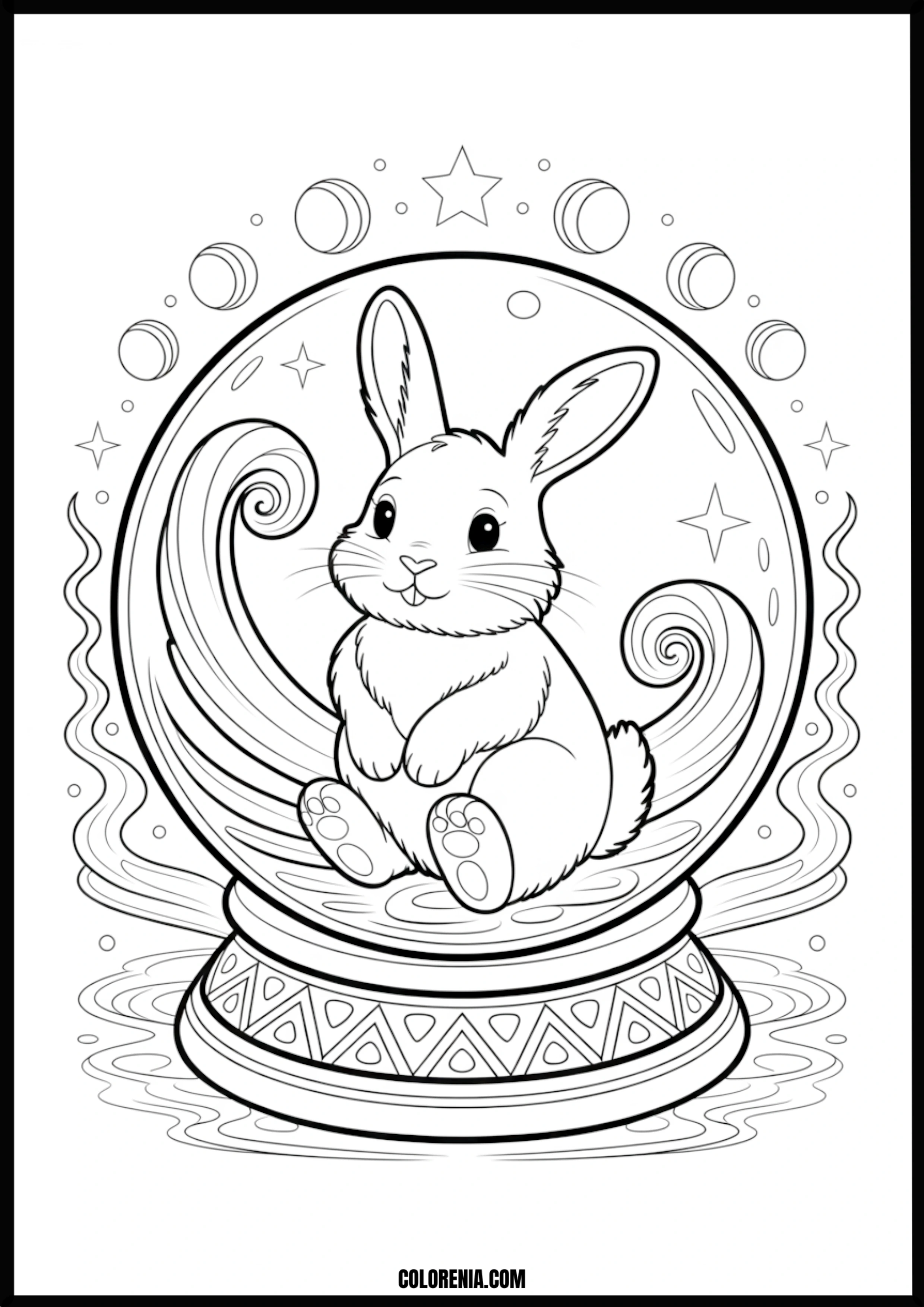 Bunny In Celestial Moon Phases Globe Printable Coloring Page Coloring page of bunny in celestial moon phases globe