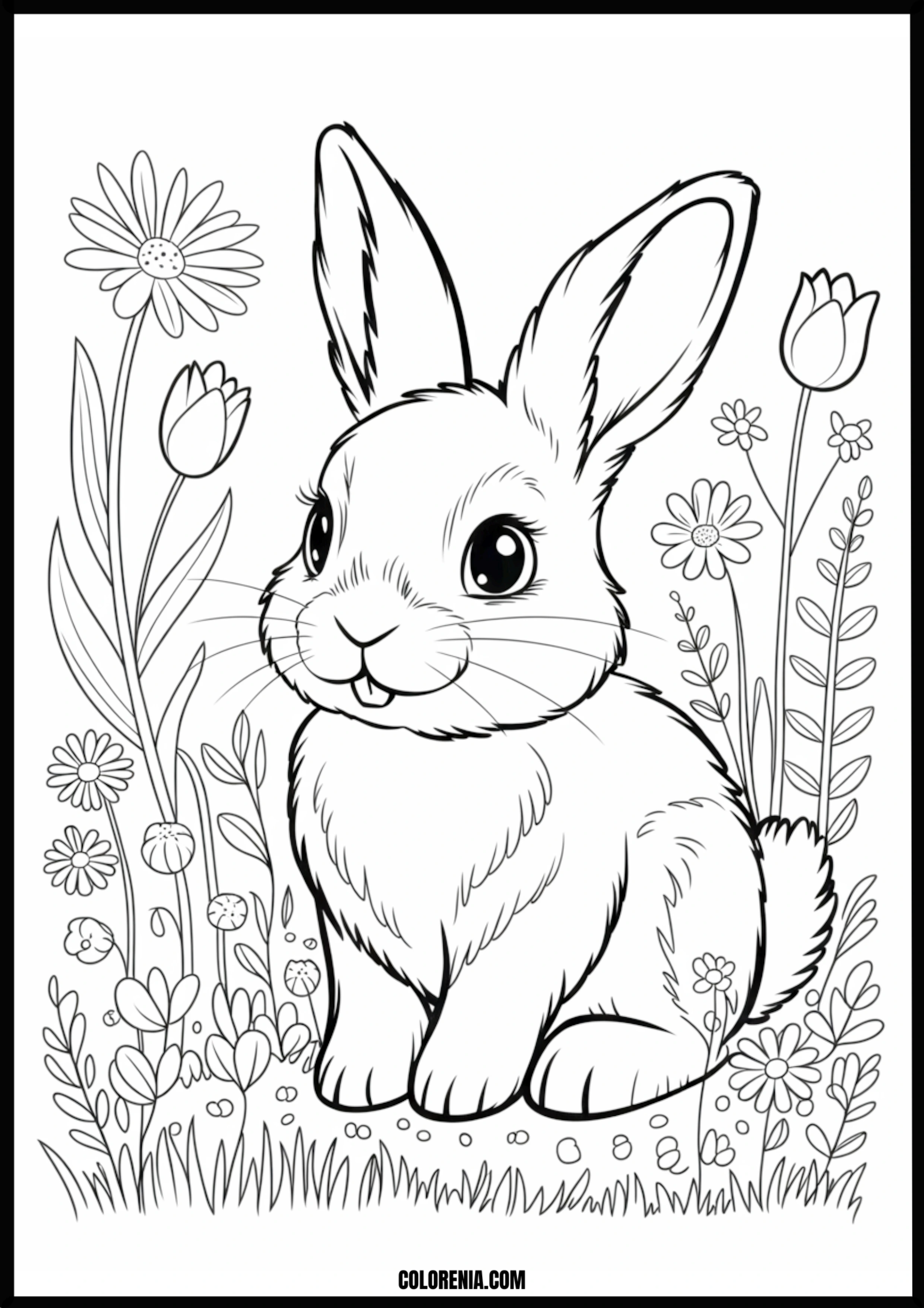 Bunny In Flower Garden Printable Coloring Page Coloring page of bunny in flower garden