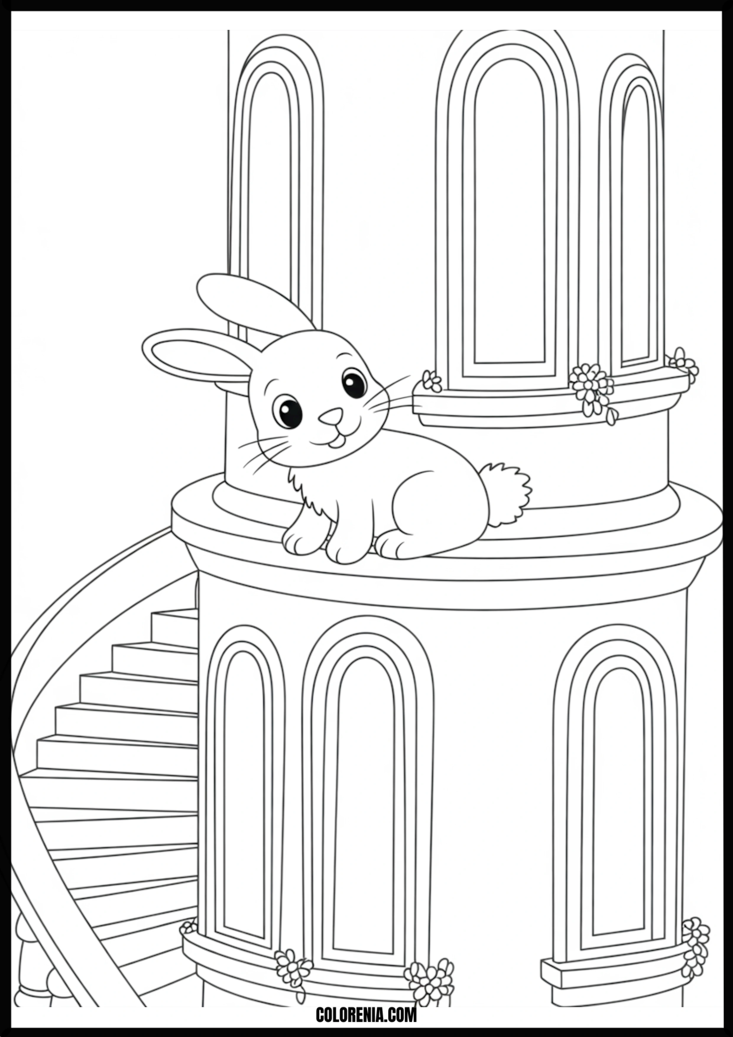Bunny On Tower Balcony Printable Coloring Page Coloring page of bunny on tower balcony