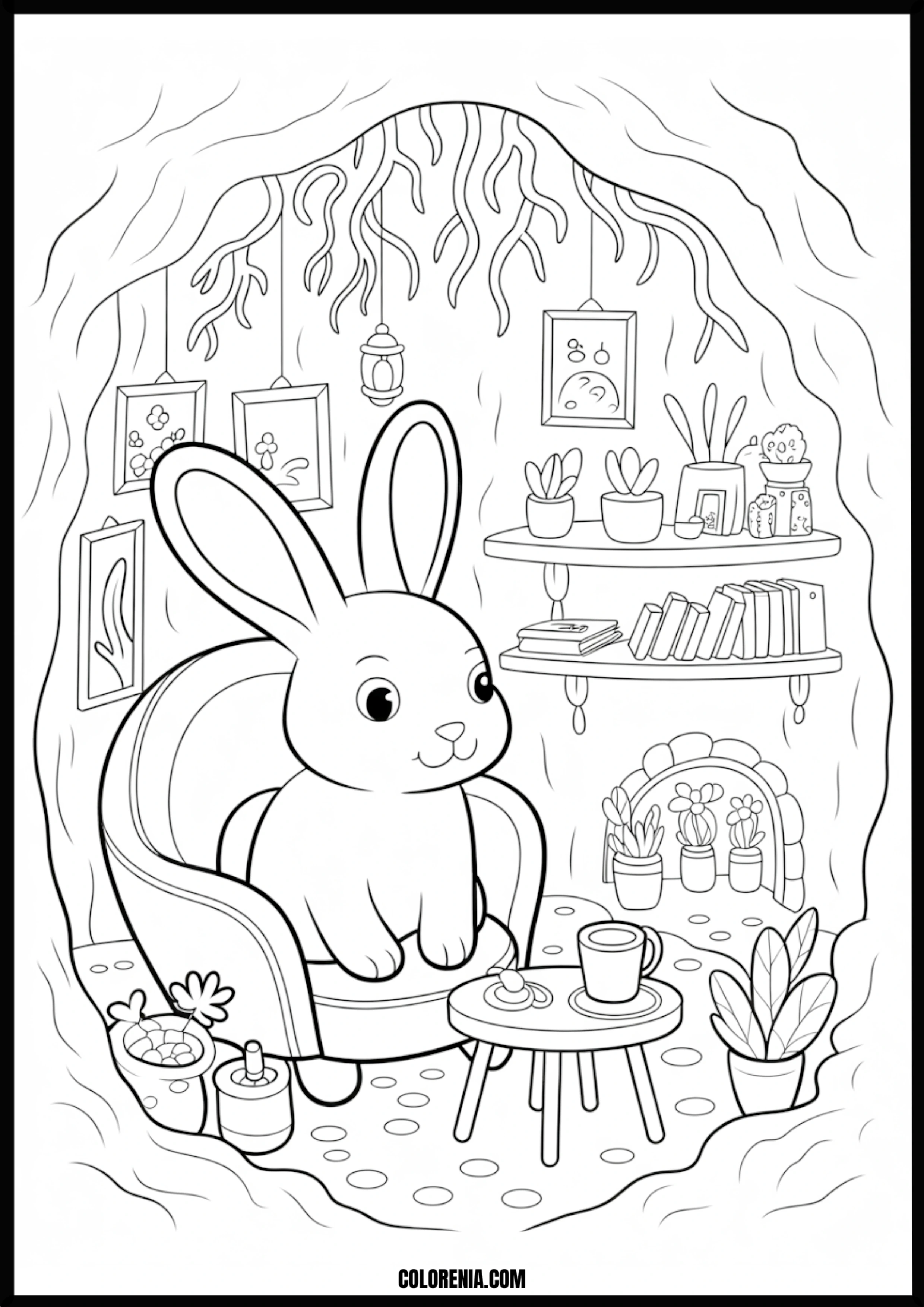 Bunny Relaxing In Cozy Root Home Printable Coloring Page Coloring page of bunny relaxing in cozy root home