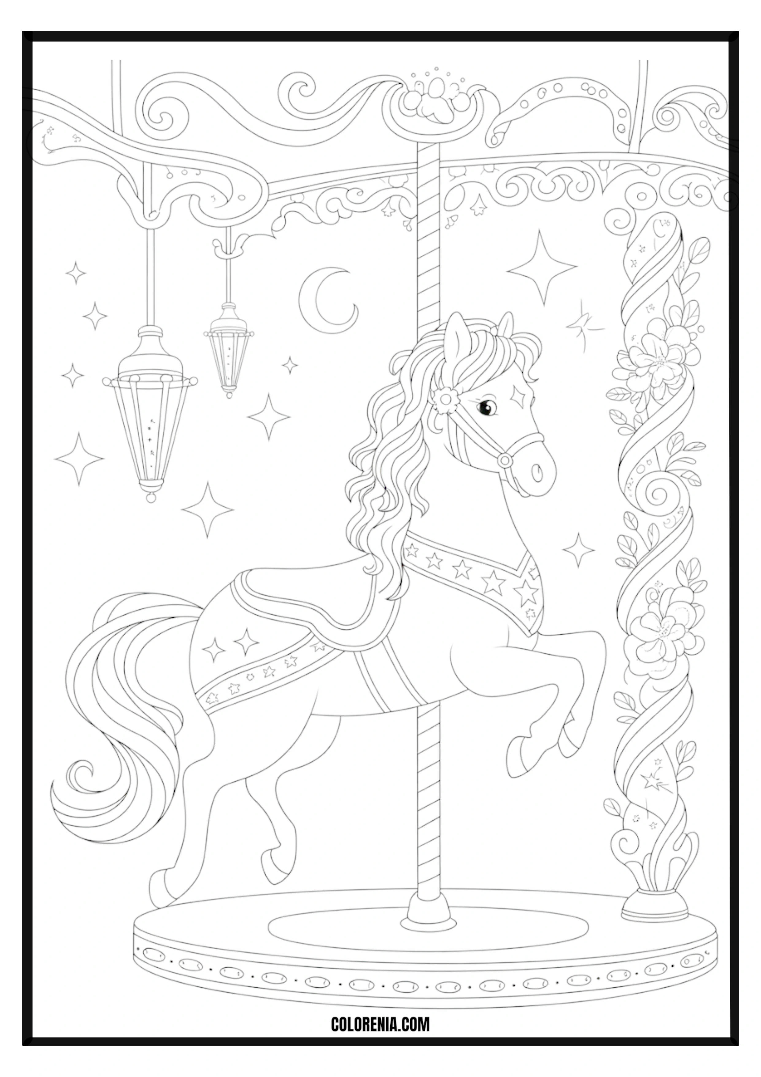 Carousel Horse, Stars, Moon Coloring Page Whimsical carousel horse with stars and moon coloring page.