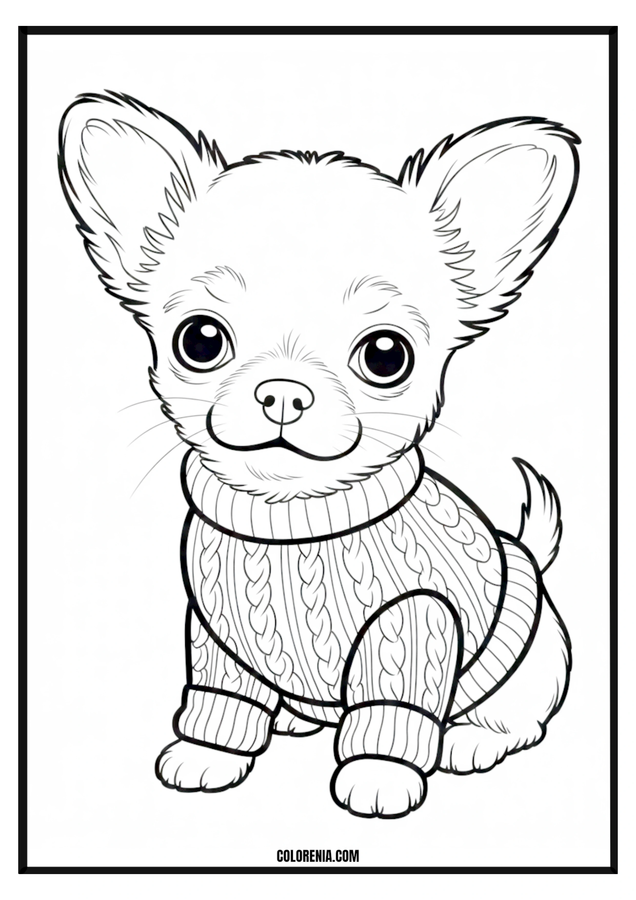 Printable Chihuahua Puppy Sweater Coloring Page Cute Chihuahua puppy wearing a cozy sweater, detailed illustration for coloring.