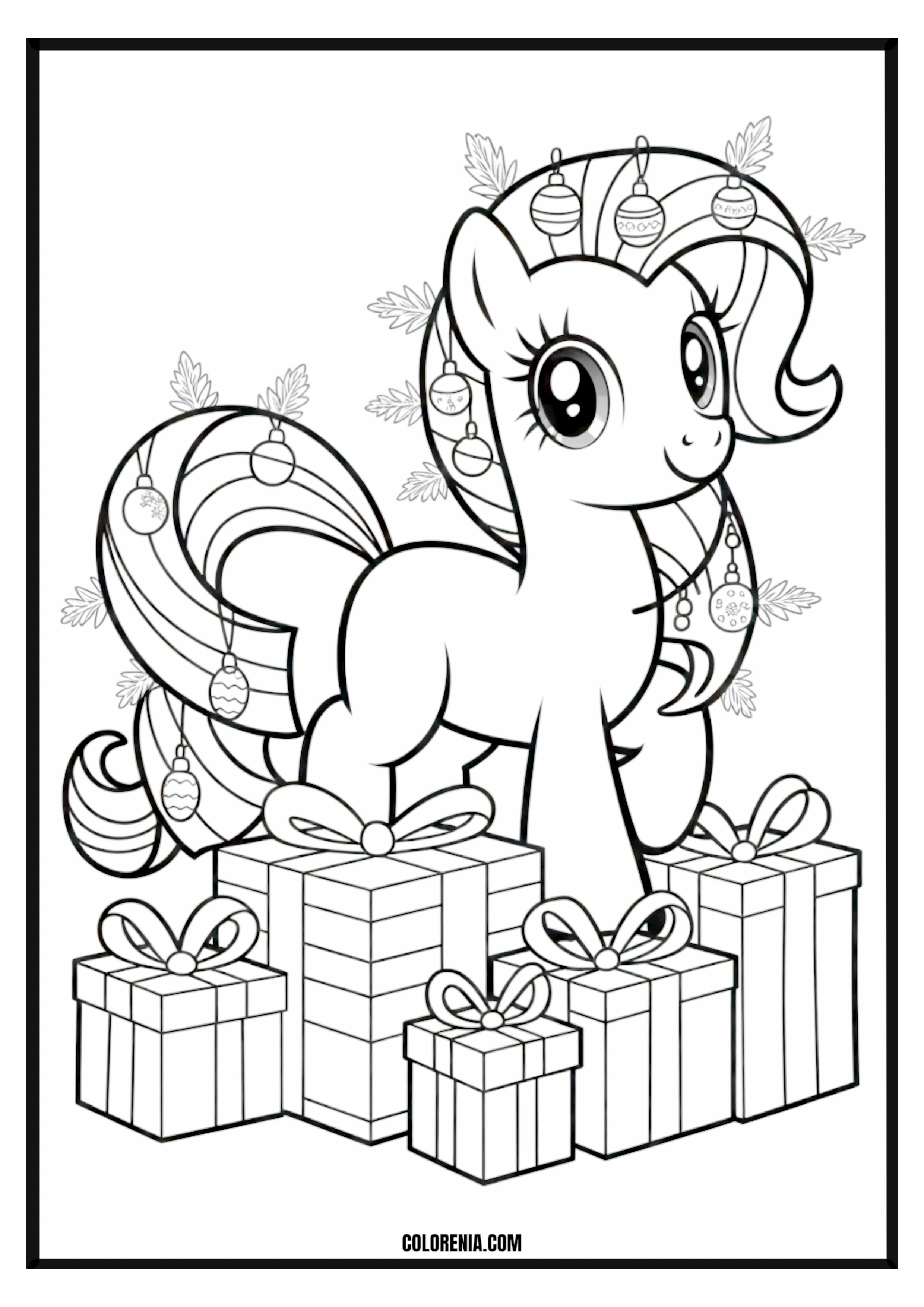 Christmas Pony and Presents Coloring Page Cute Christmas pony surrounded by presents coloring page.