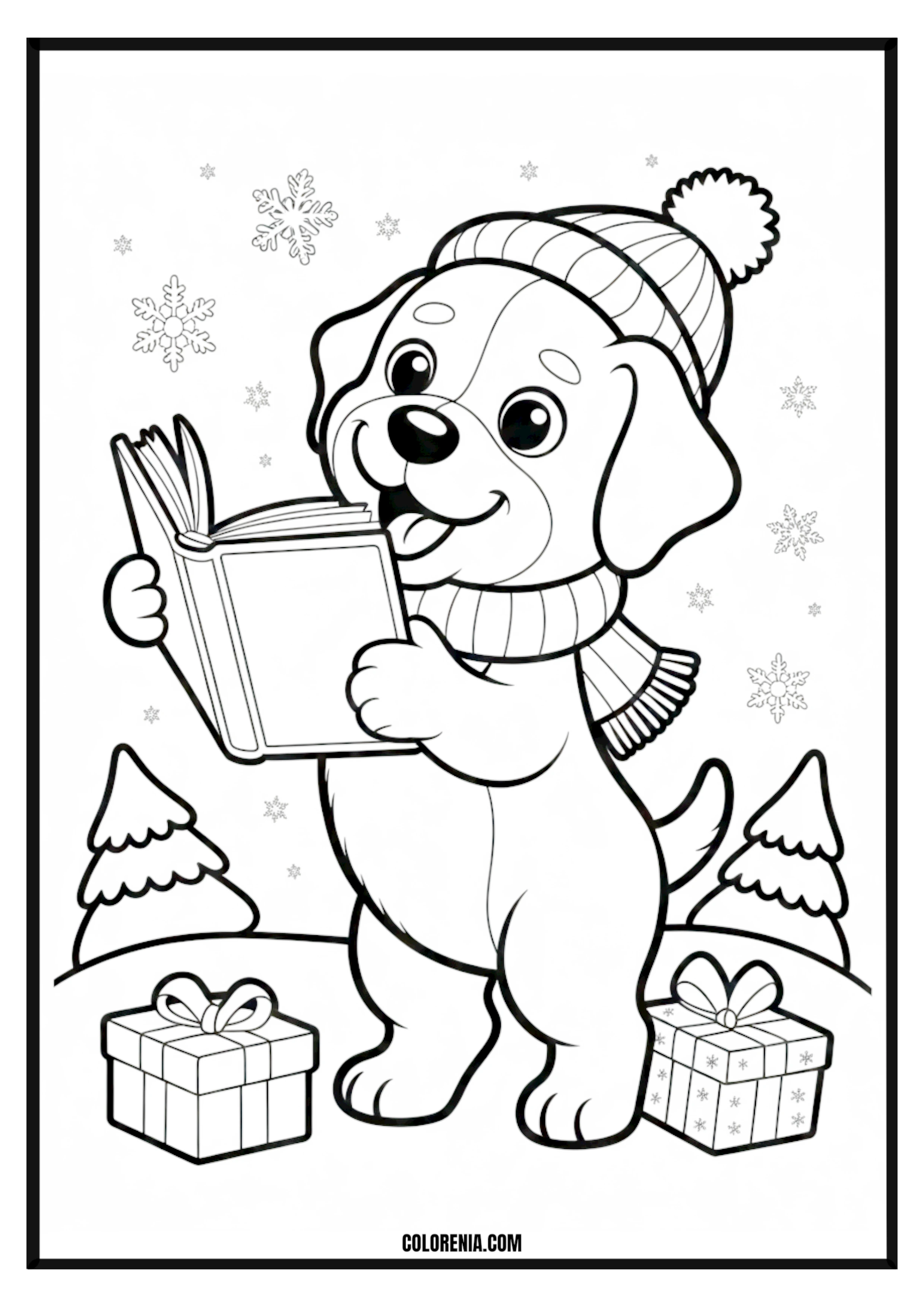 Printable Christmas Puppy Reading Book Coloring Page Christmas puppy wearing a Santa hat and reading a book, festive scene for coloring.