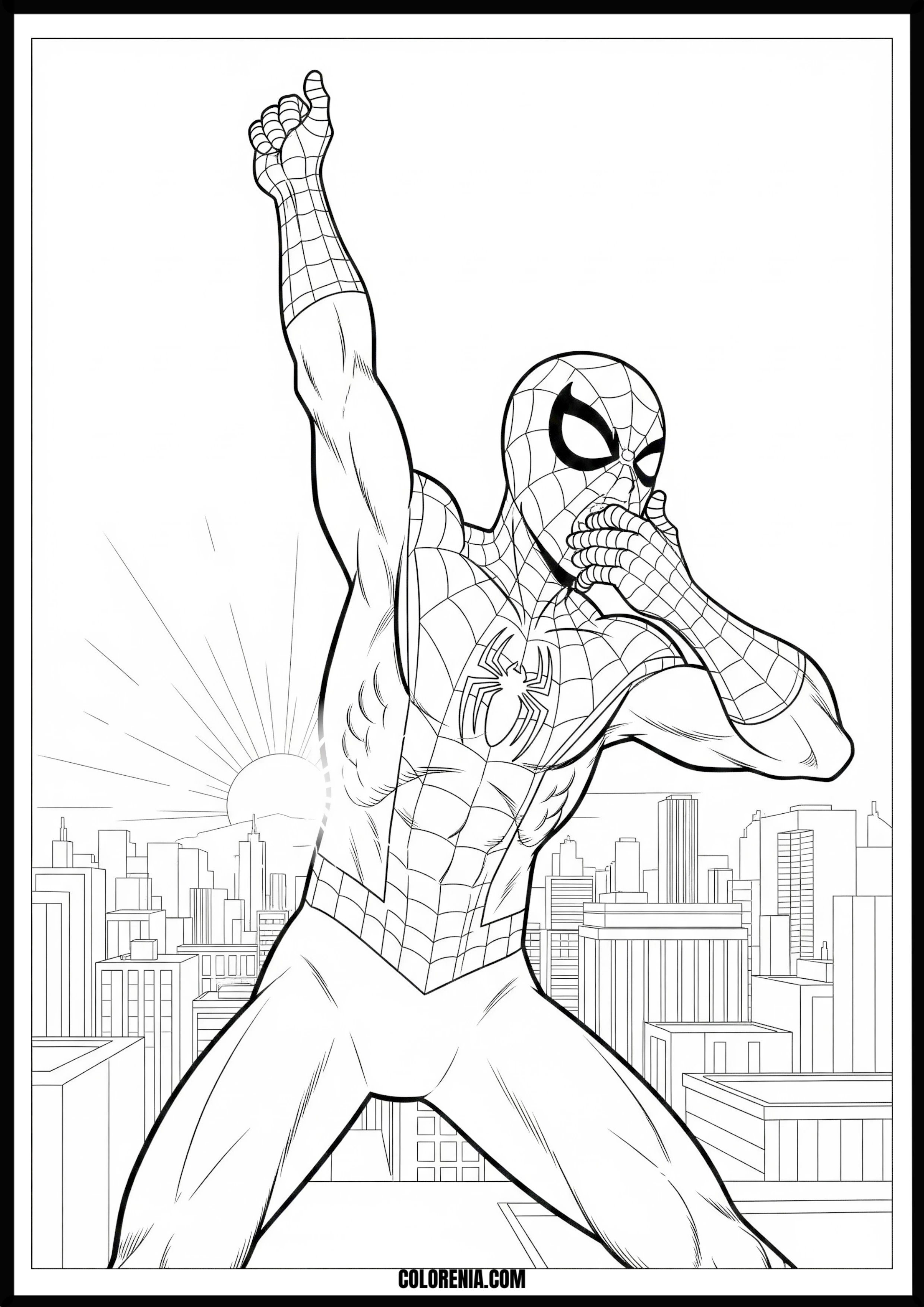 Classic Spider-Man Sunrise Cityscape Coloring Page