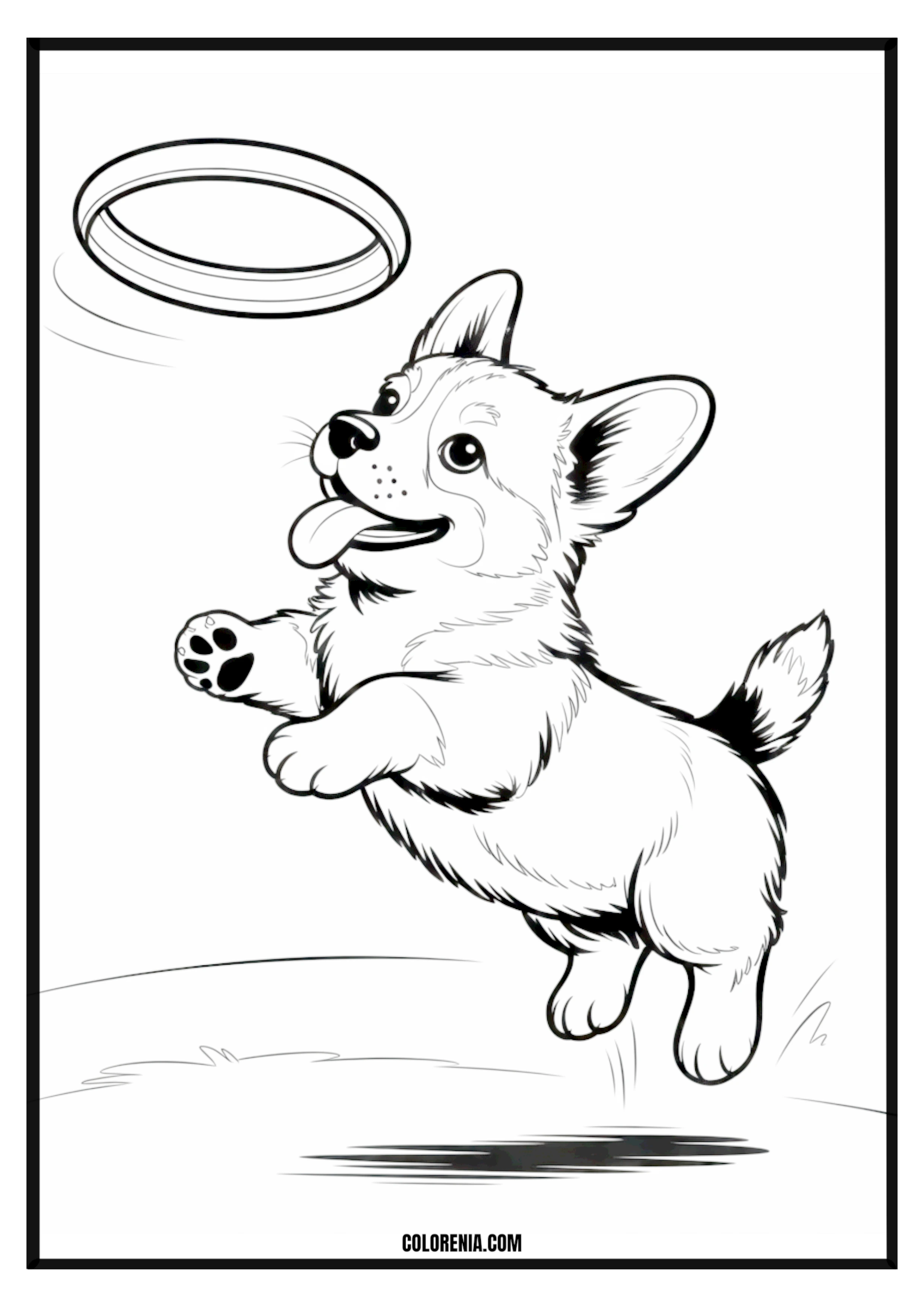 Printable Corgi Leaps for Ring Coloring Page Energetic Corgi puppy leaping to catch a ring, agility coloring page.