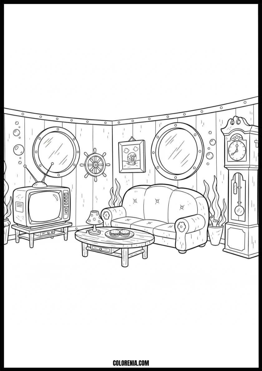 Cozy Cartoon Nautical Living Room Coloring Page